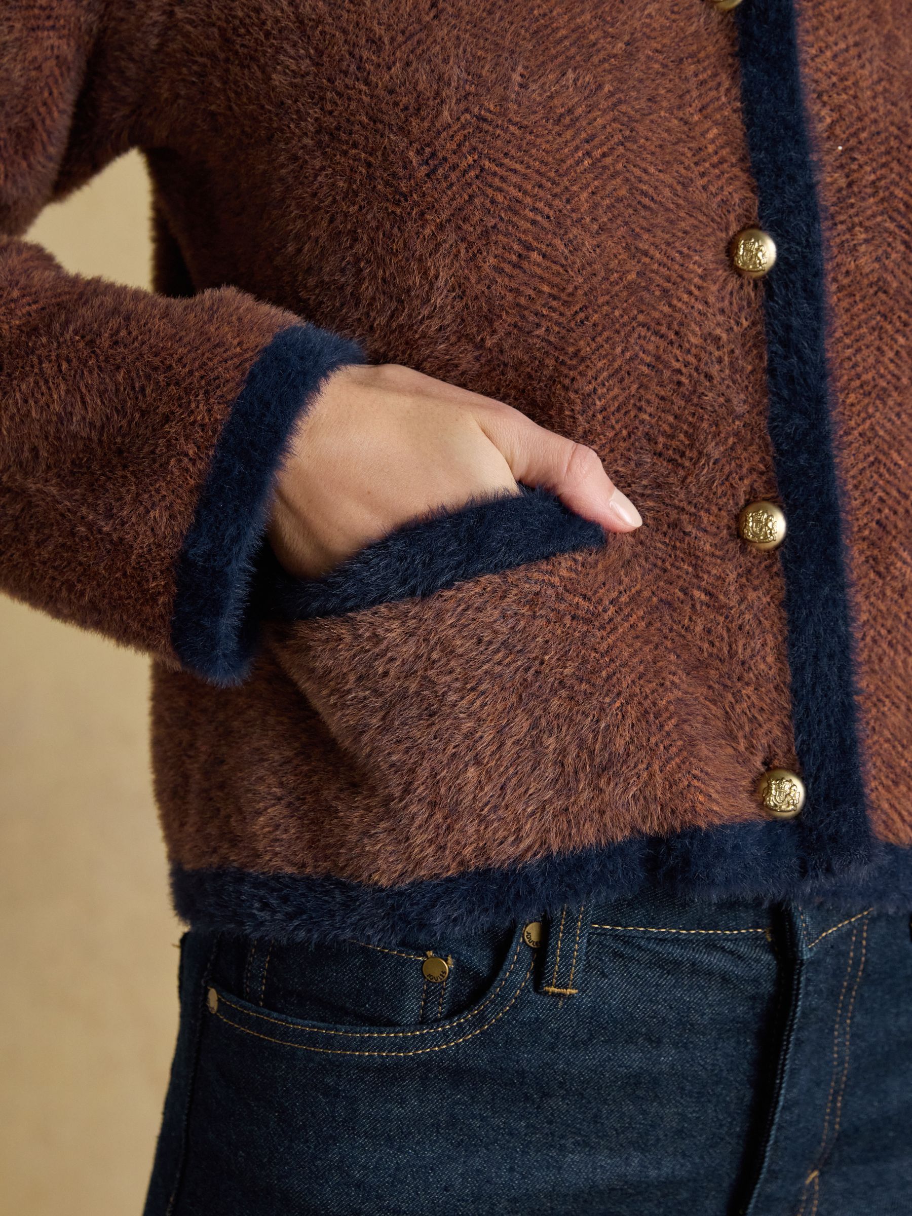 Super Soft Georgia Brown & Navy Herringbone Eyelash Knitted Cardigan - Image 5 of 8