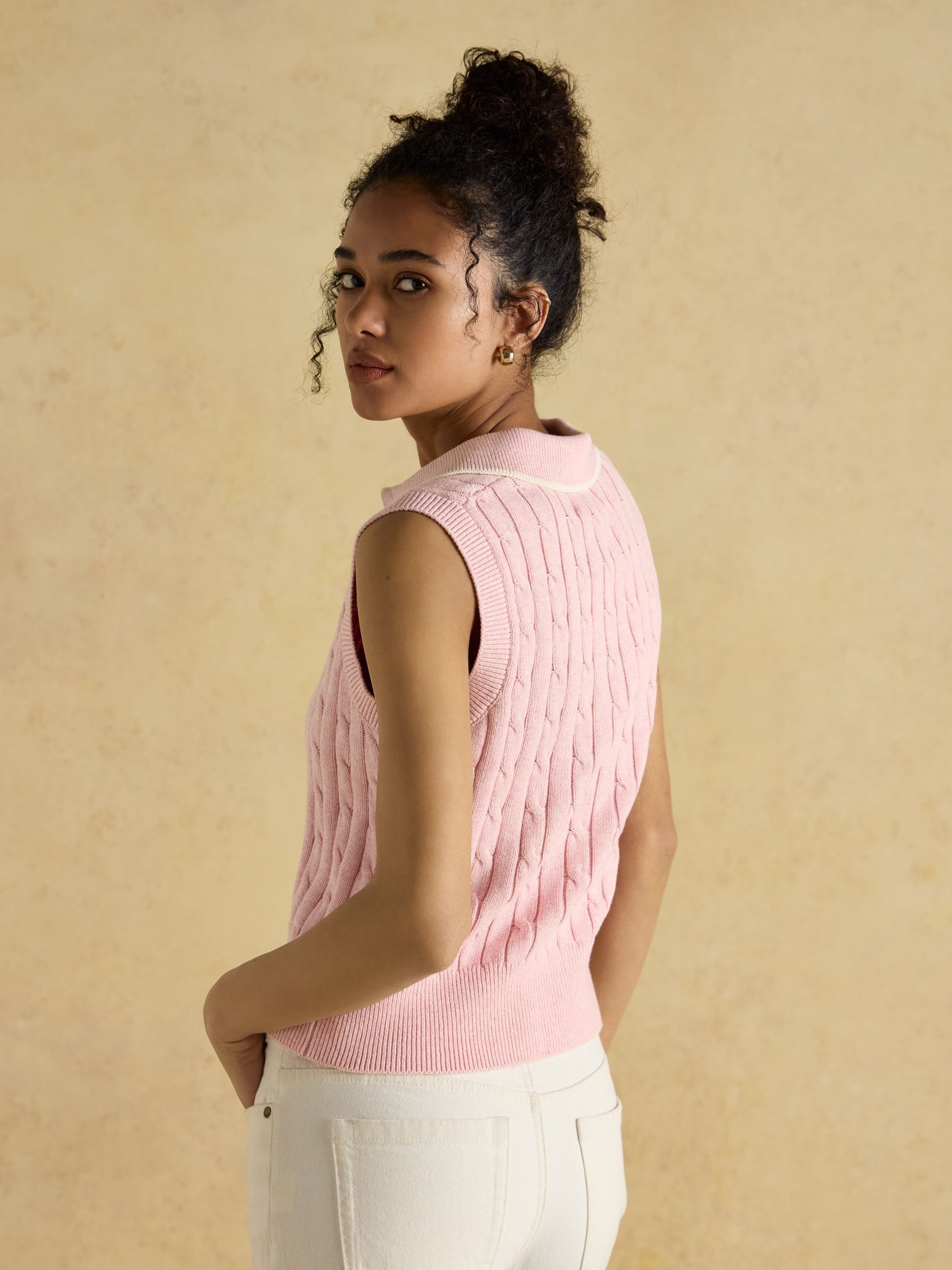 Janey Pink Cotton Collared Cable Tank - Image 2 of 7 Janey Pink Cotton Collared Cable Tank - Image 2 of 7