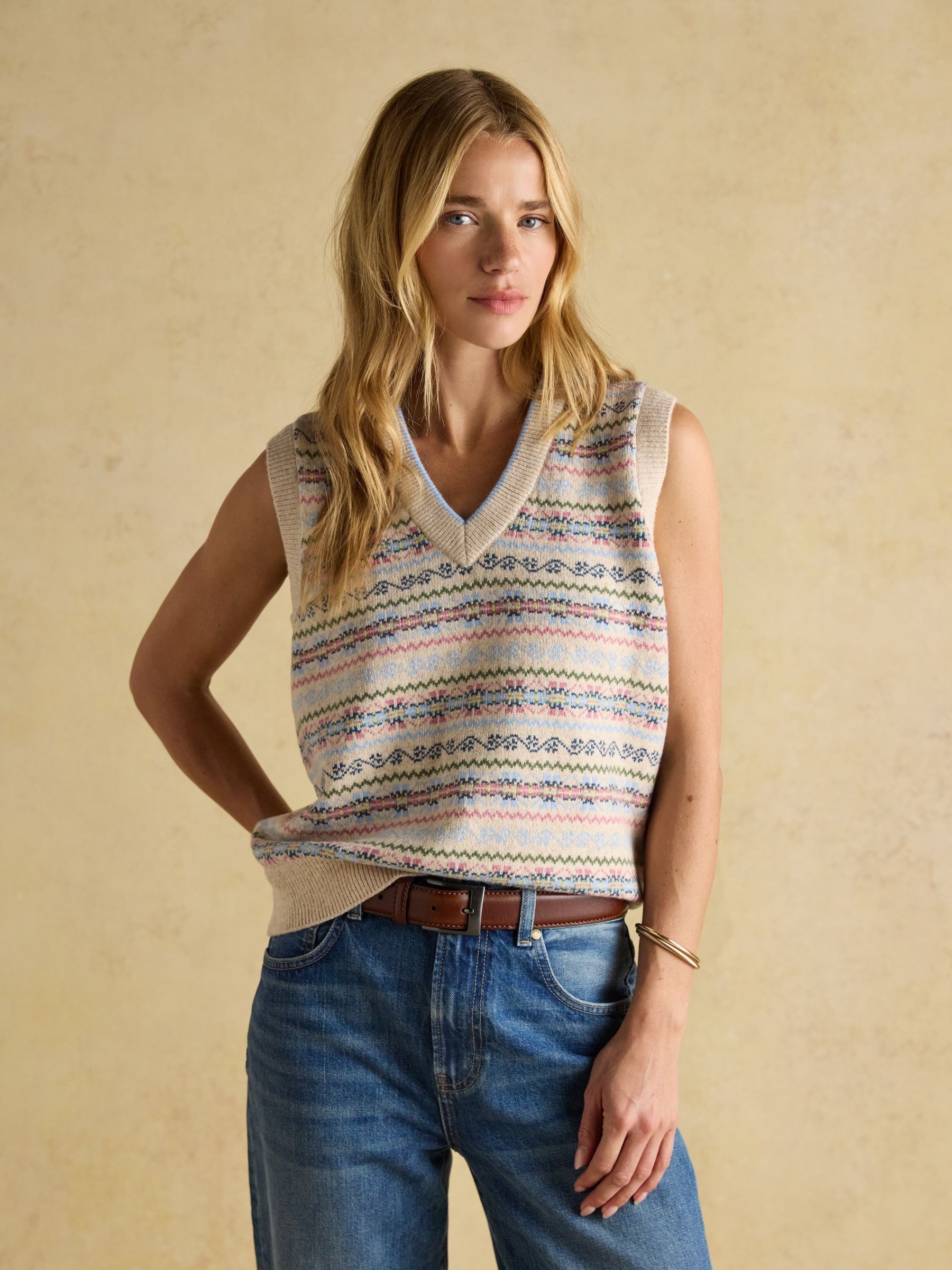 Islay Cream V Neck Fair Isle Cotton Rich Knitted Vest - Image 1 of 8