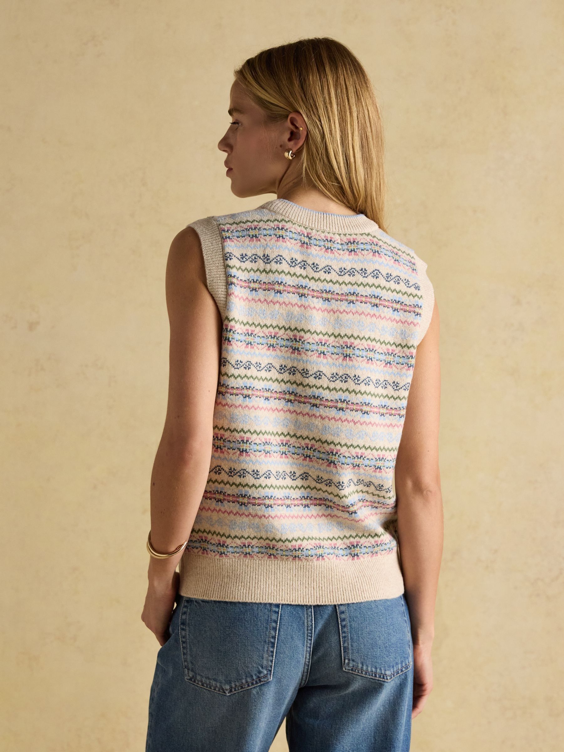 Islay Cream V Neck Fair Isle Cotton Rich Knitted Vest - Image 2 of 8