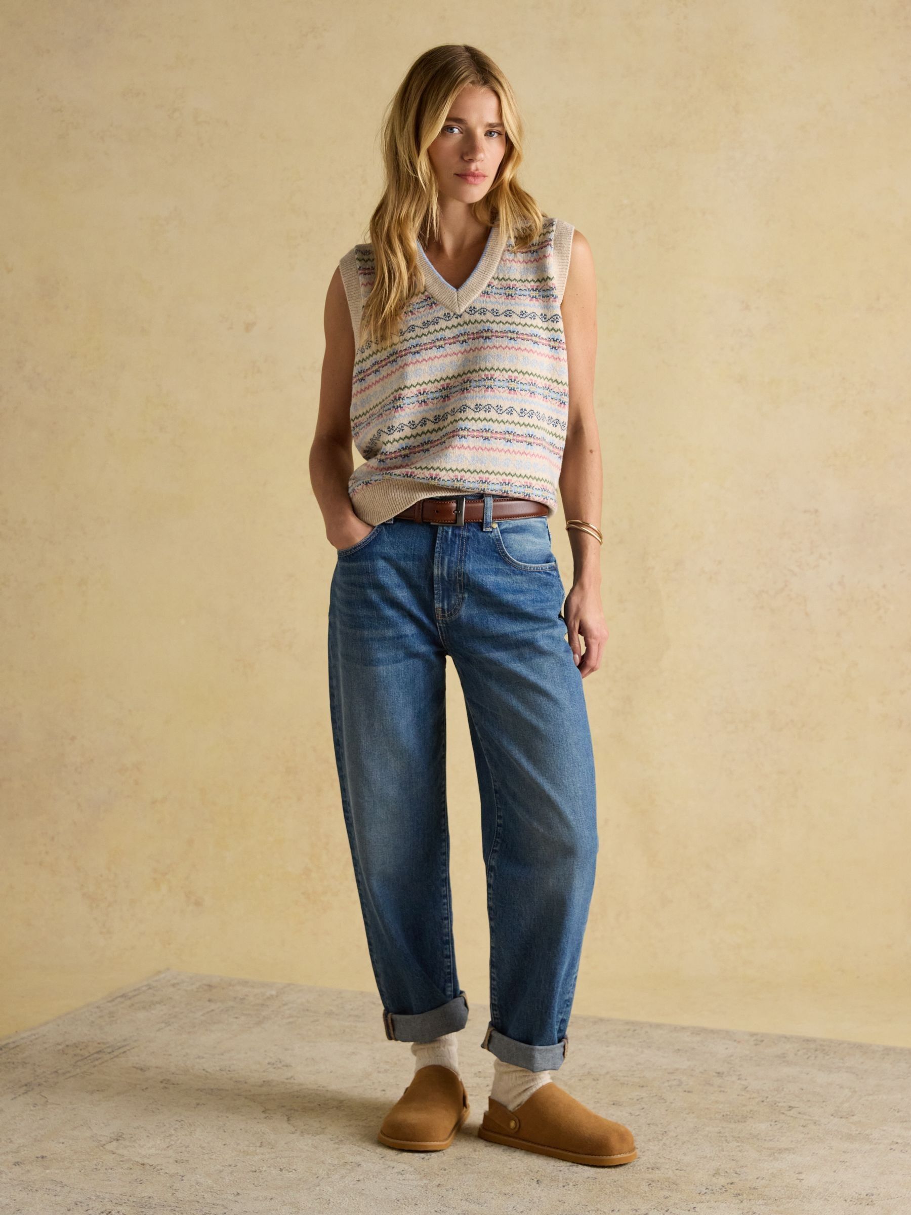 Islay Cream V Neck Fair Isle Cotton Rich Knitted Vest - Image 3 of 8