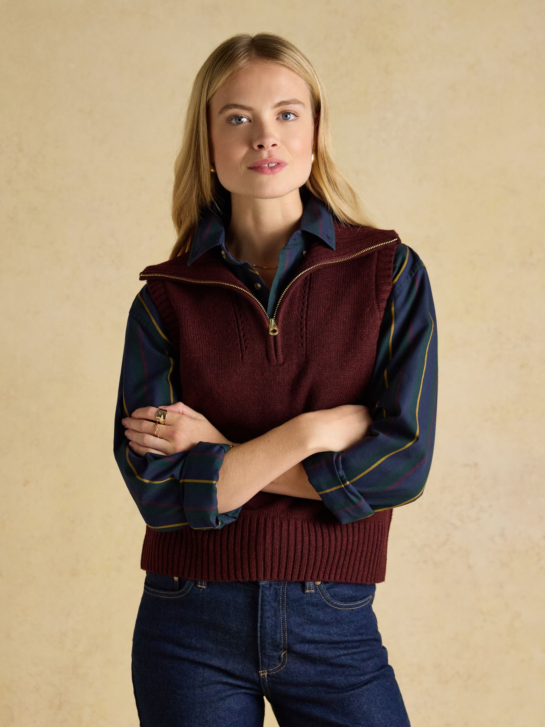 Nancy Burgundy Red Quarter Zip Collared Knitted Vest | Joules