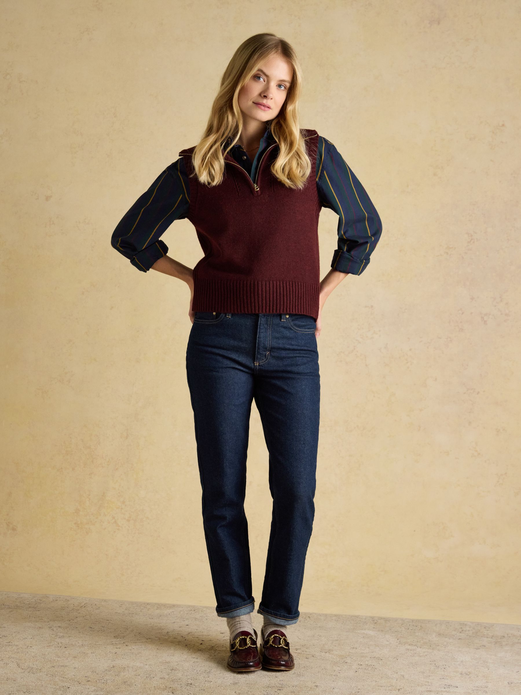 Nancy Burgundy Red Quarter Zip Collared Knitted Vest - Image 3 of 7