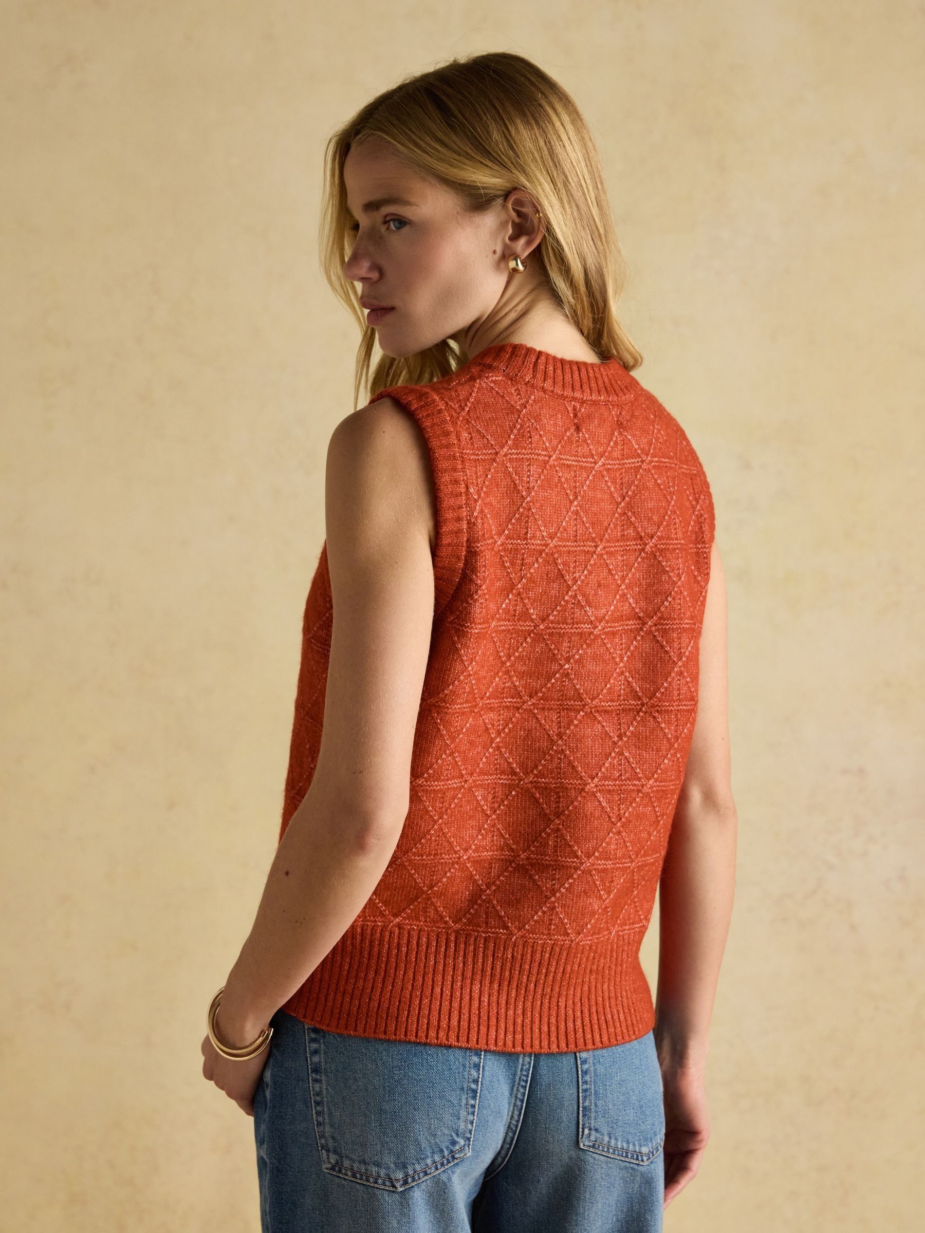 Reid Burnt Orange Textured Knitted Vest with Crew Neck - Image 2 of 7