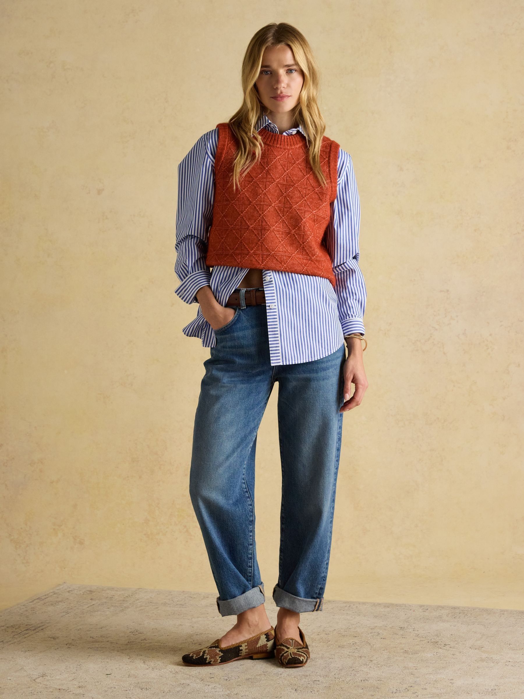 Reid Burnt Orange Textured Knitted Vest with Crew Neck - Image 3 of 7