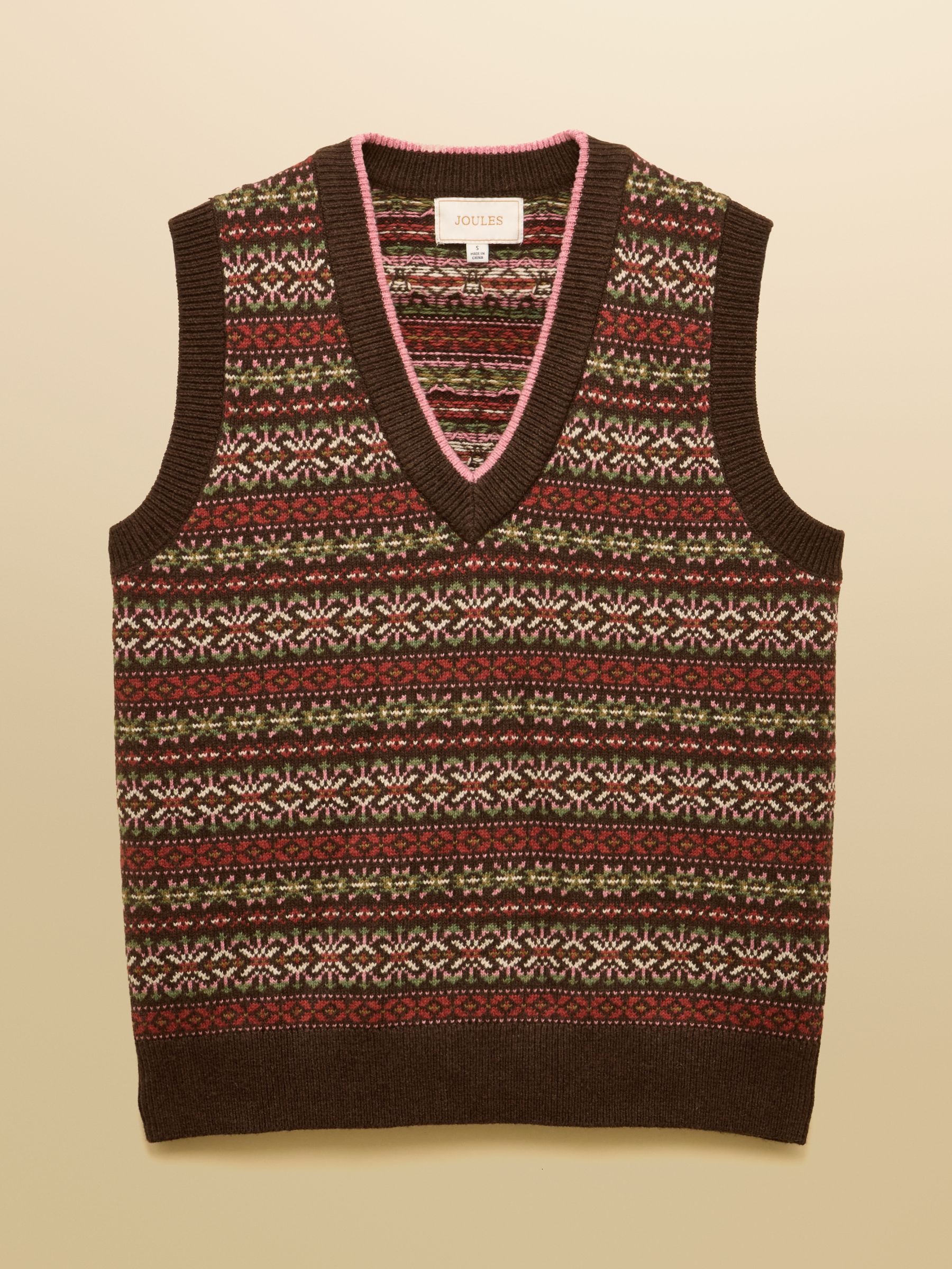 Islay Brown V Neck Fair Isle Cotton Rich Knitted Vest - Image 10 of 11