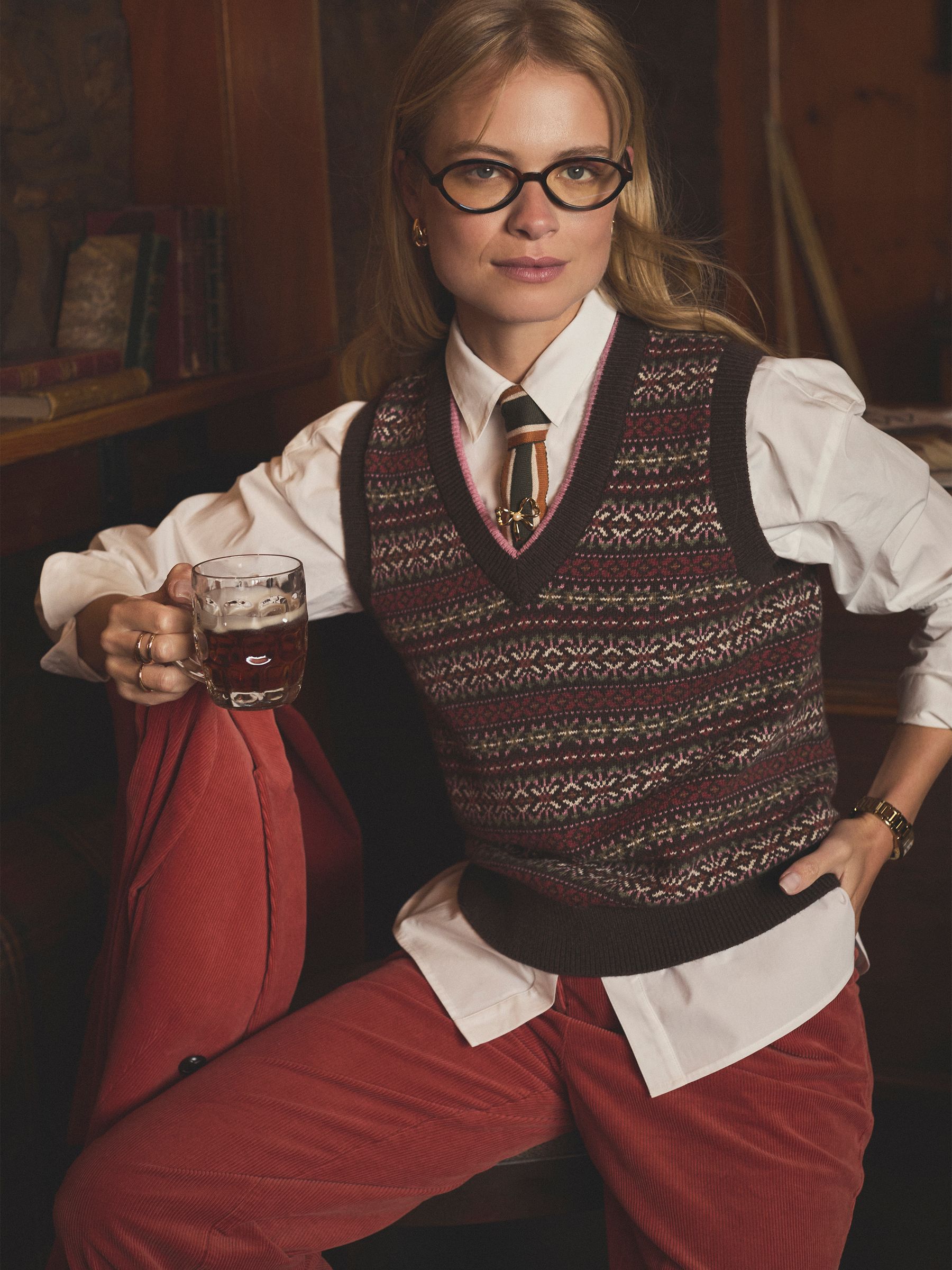 Islay Brown V Neck Fair Isle Cotton Rich Knitted Vest - Image 2 of 11