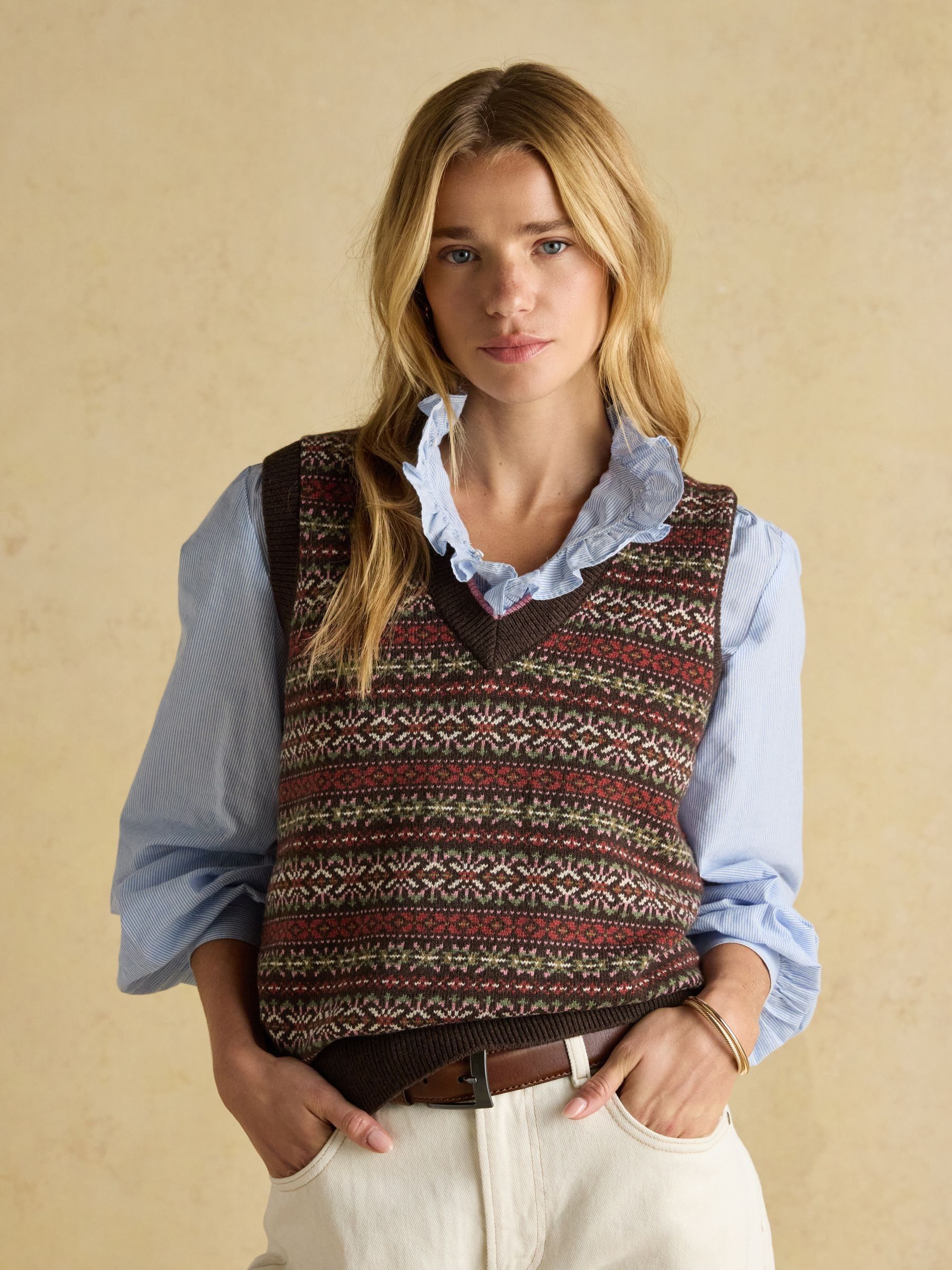 Islay Brown V Neck Fair Isle Cotton Rich Knitted Vest - Image 6 of 11