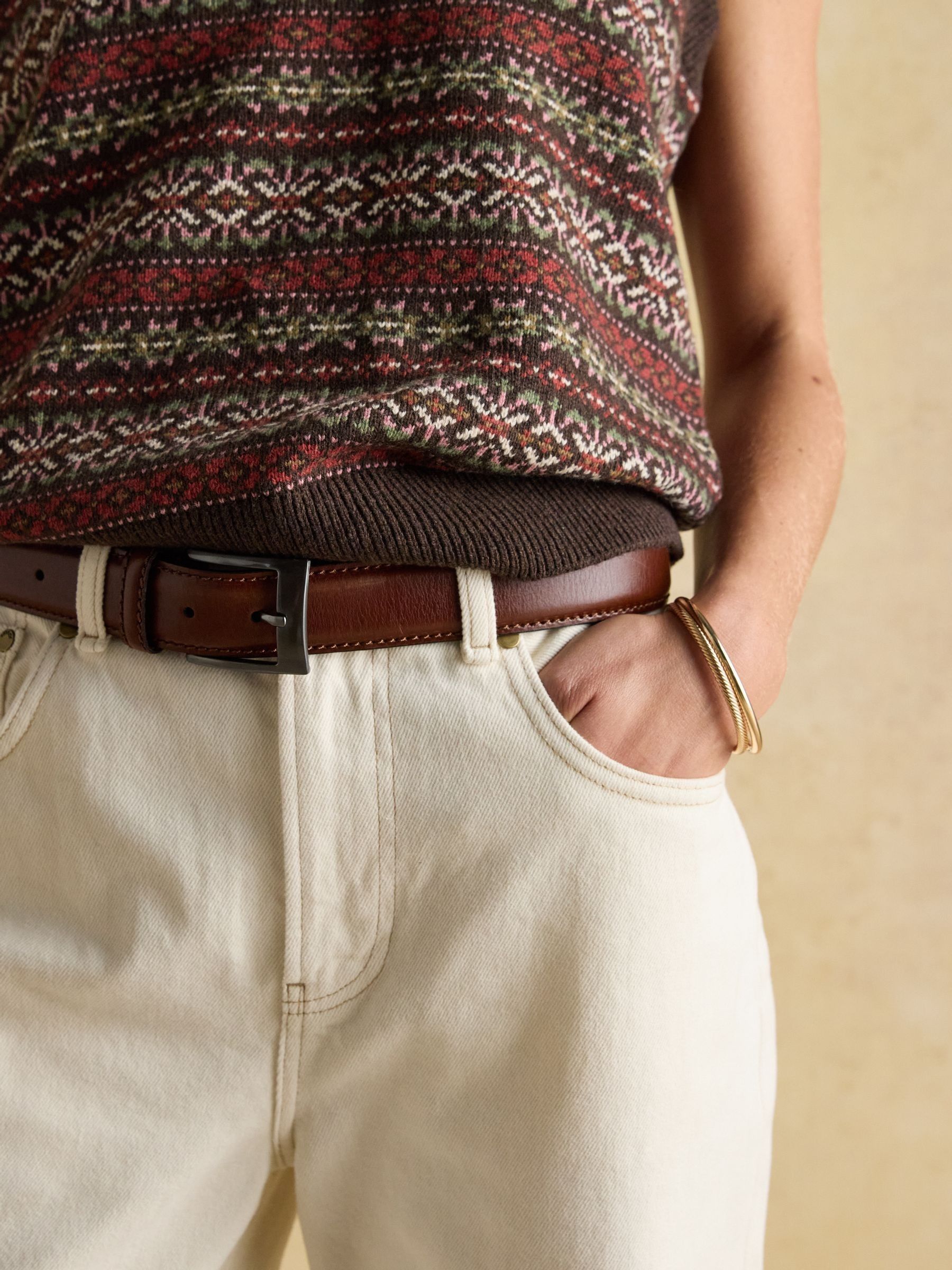 Islay Brown V Neck Fair Isle Cotton Rich Knitted Vest - Image 9 of 11