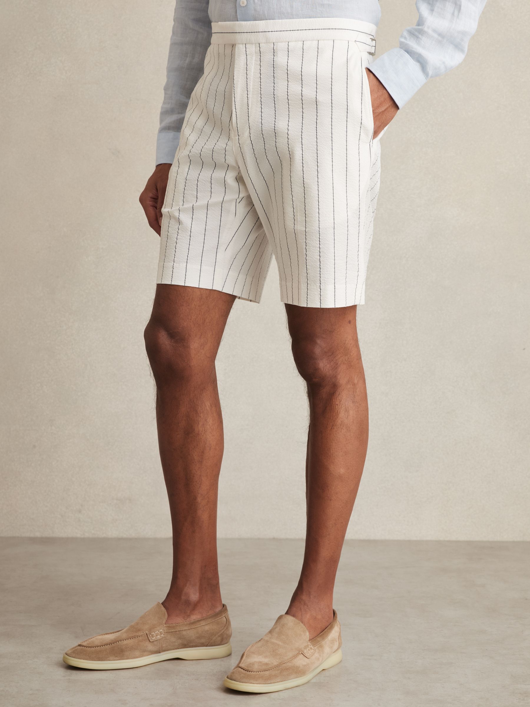 Cotton-Blend Pinstripe Shorts in White/Navy - Image 3 of 6
