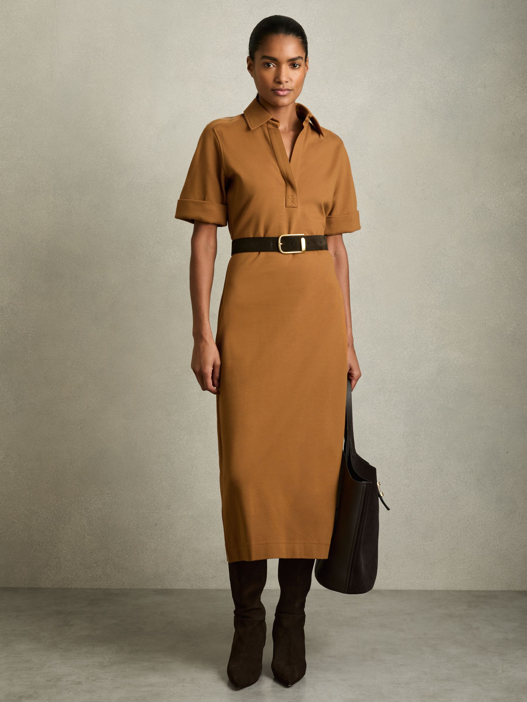 Jersey Open-Collar Bodycon Dress in Mustard - Image 1 of 5