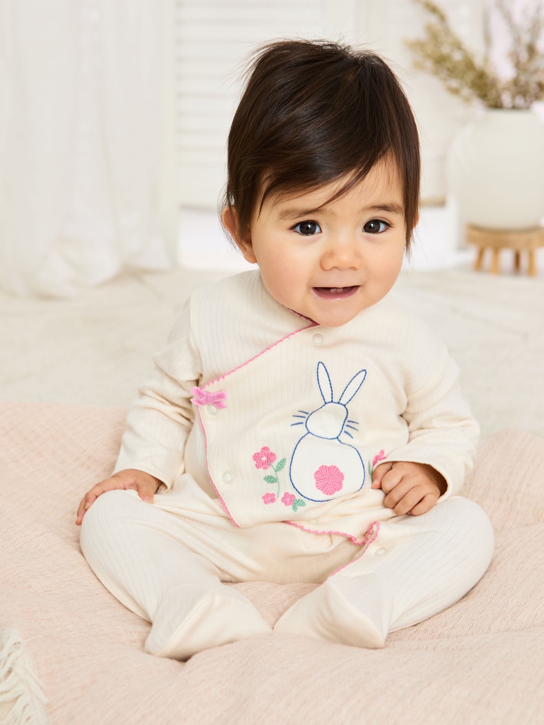 Stone Cotton Footed Embroidered Cross-Over Sleepsuit - Image 1 of 6