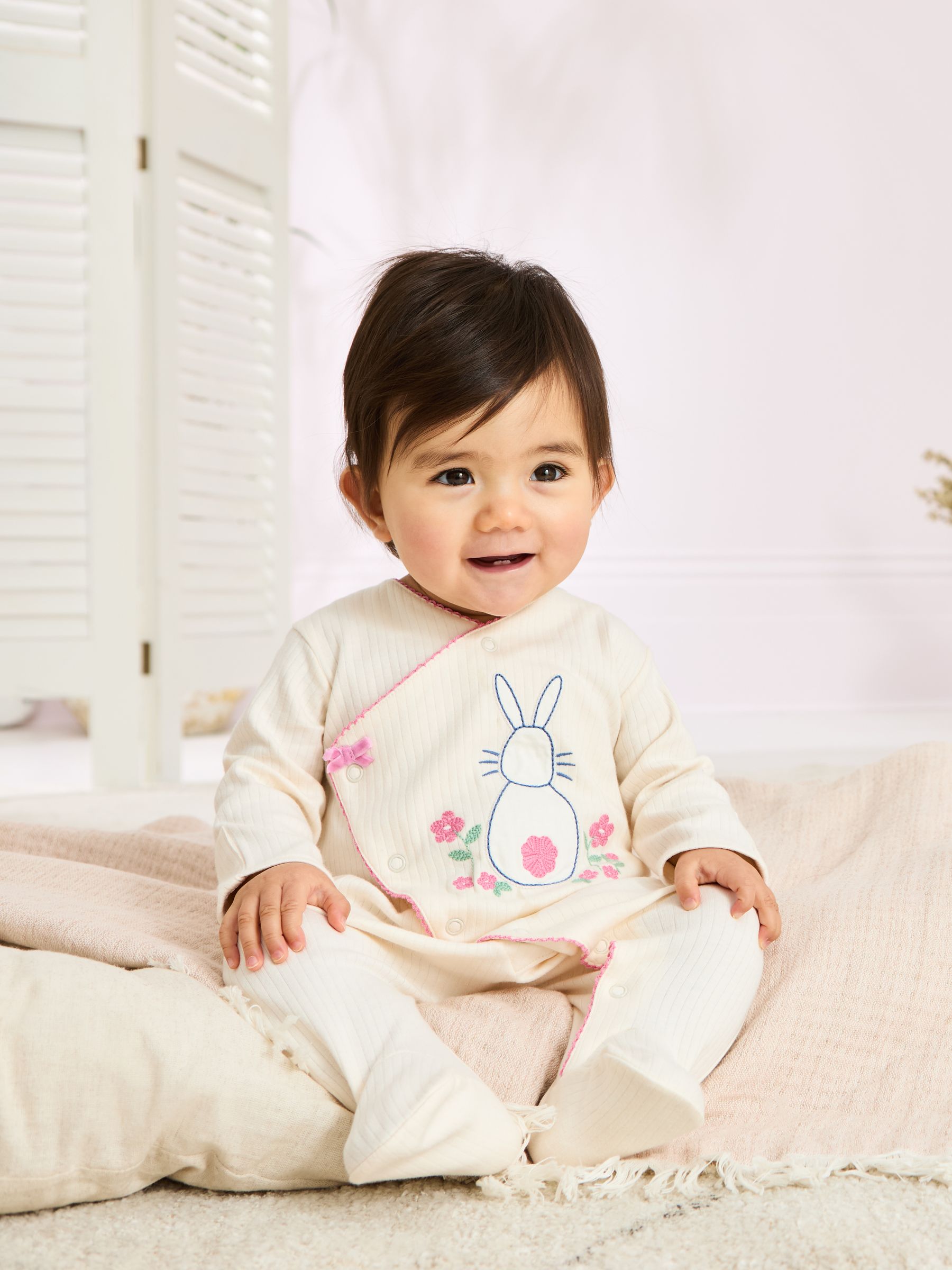 Stone Cotton Footed Embroidered Cross-Over Sleepsuit - Image 2 of 6