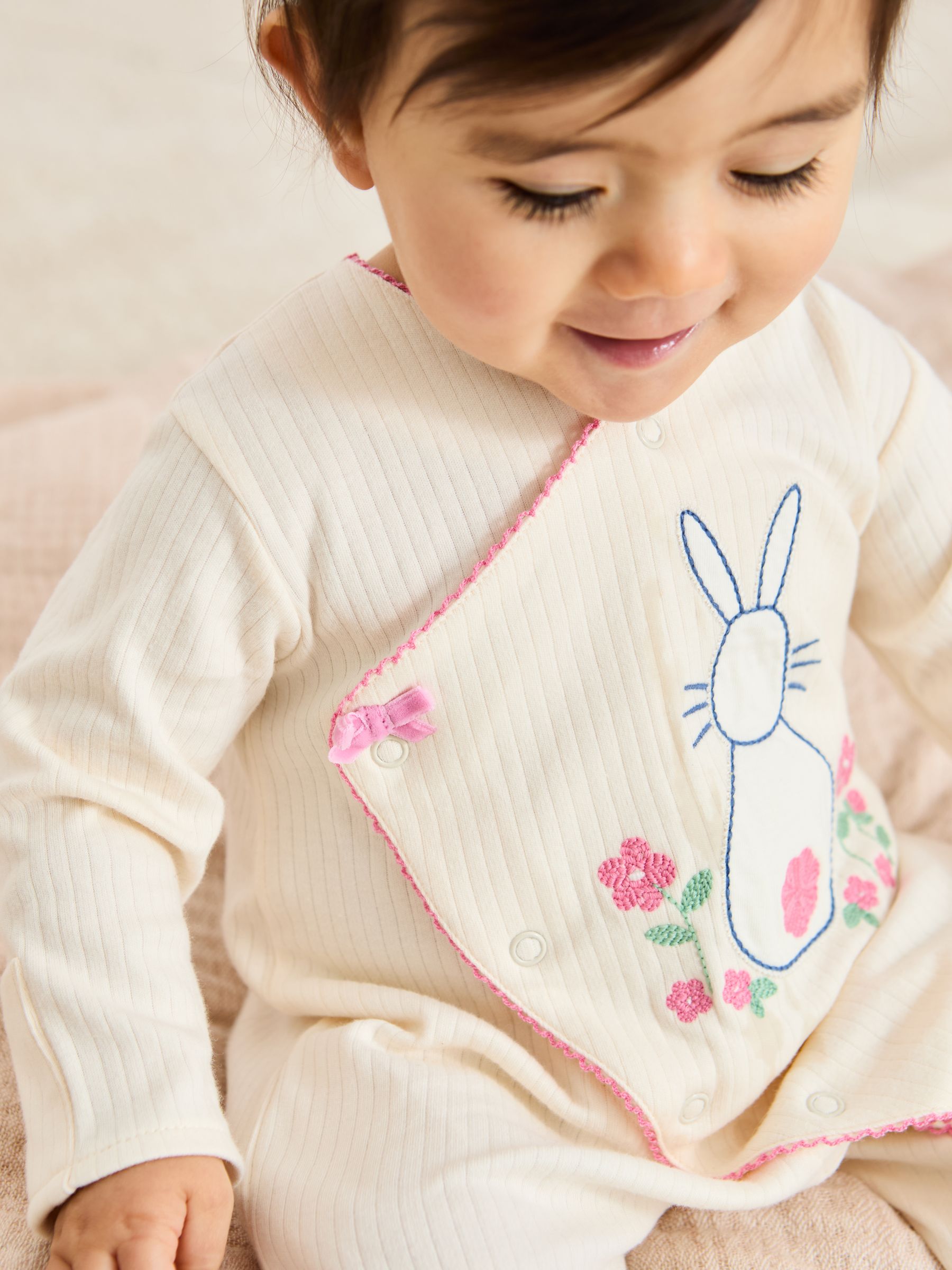 Stone Cotton Footed Embroidered Cross-Over Sleepsuit - Image 3 of 6