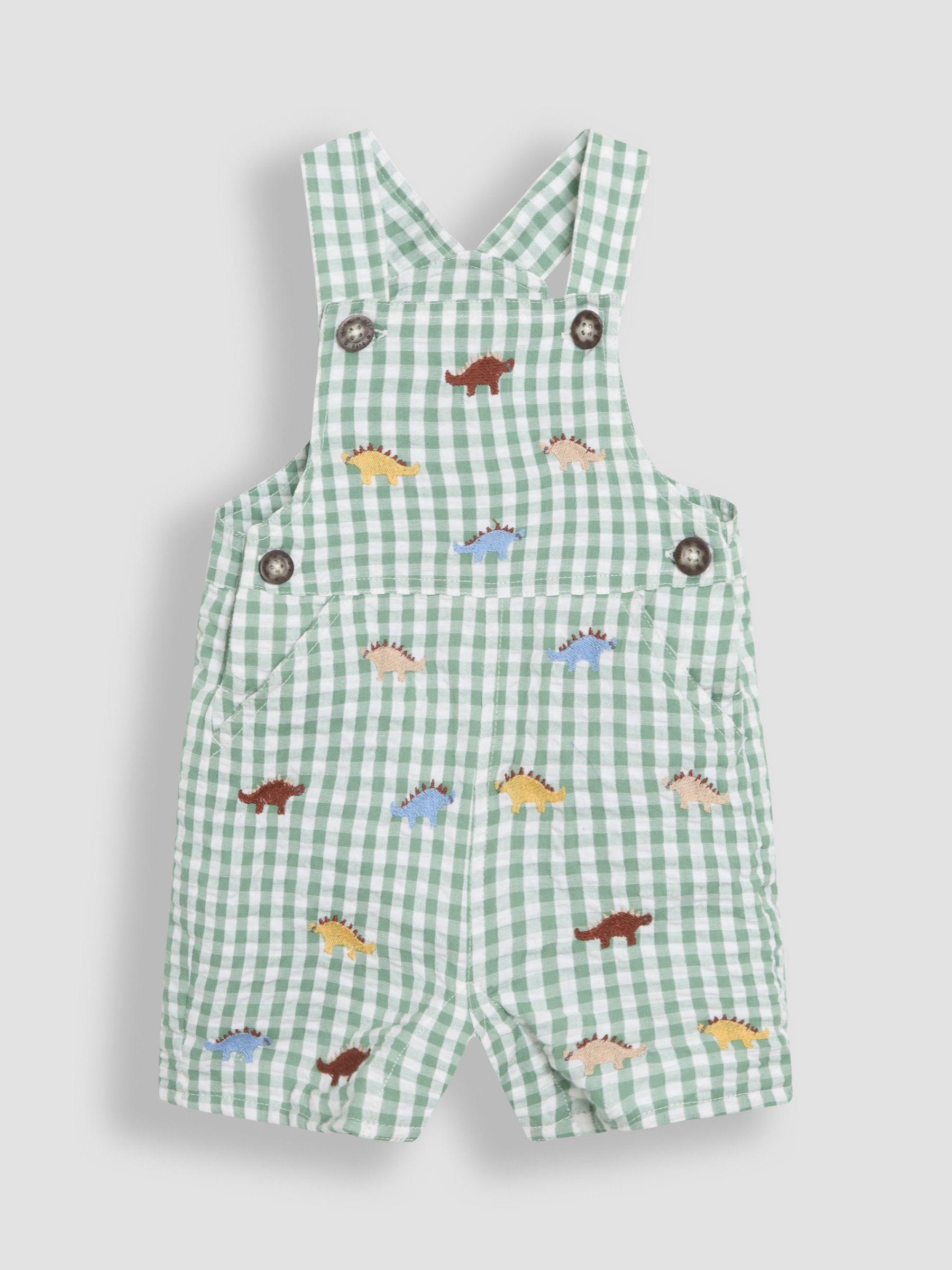 Sage Green Dino Embroidered Gingham Dungarees - Image 1 of 3
