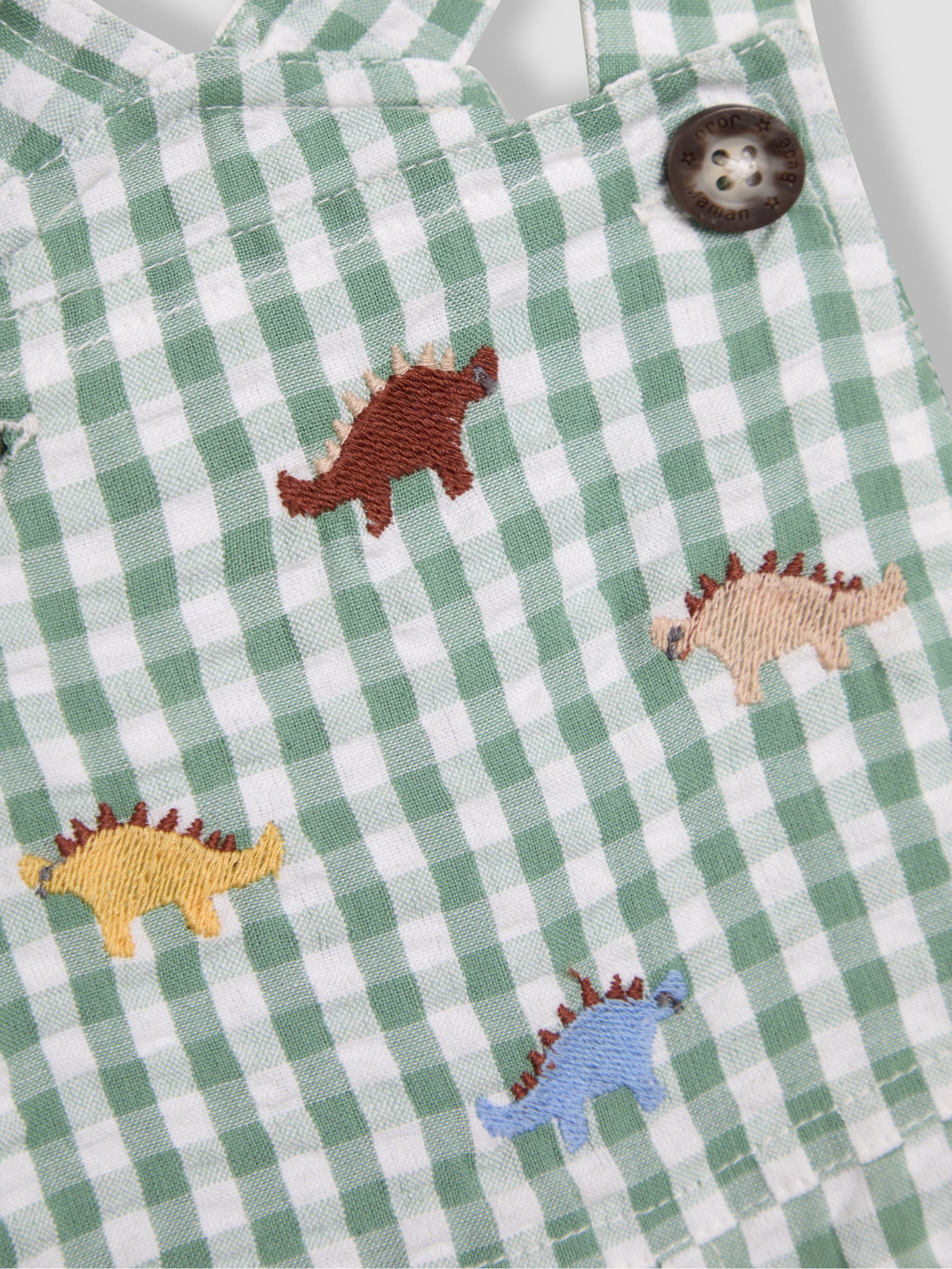 Sage Green Dino Embroidered Gingham Dungarees - Image 3 of 3