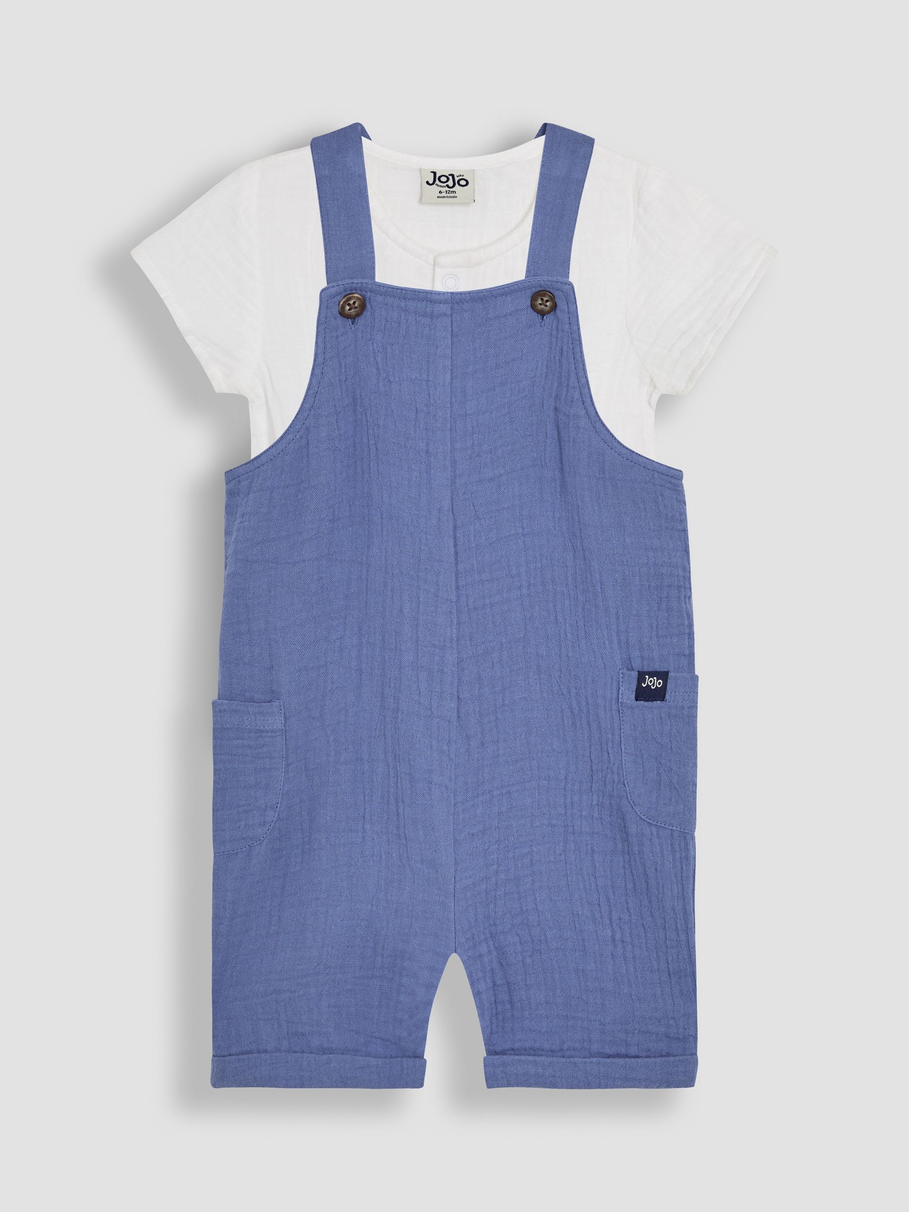 Blue Cheesecloth 100% Cotton Dungarees & Shirt Body Set - Image 1 of 7