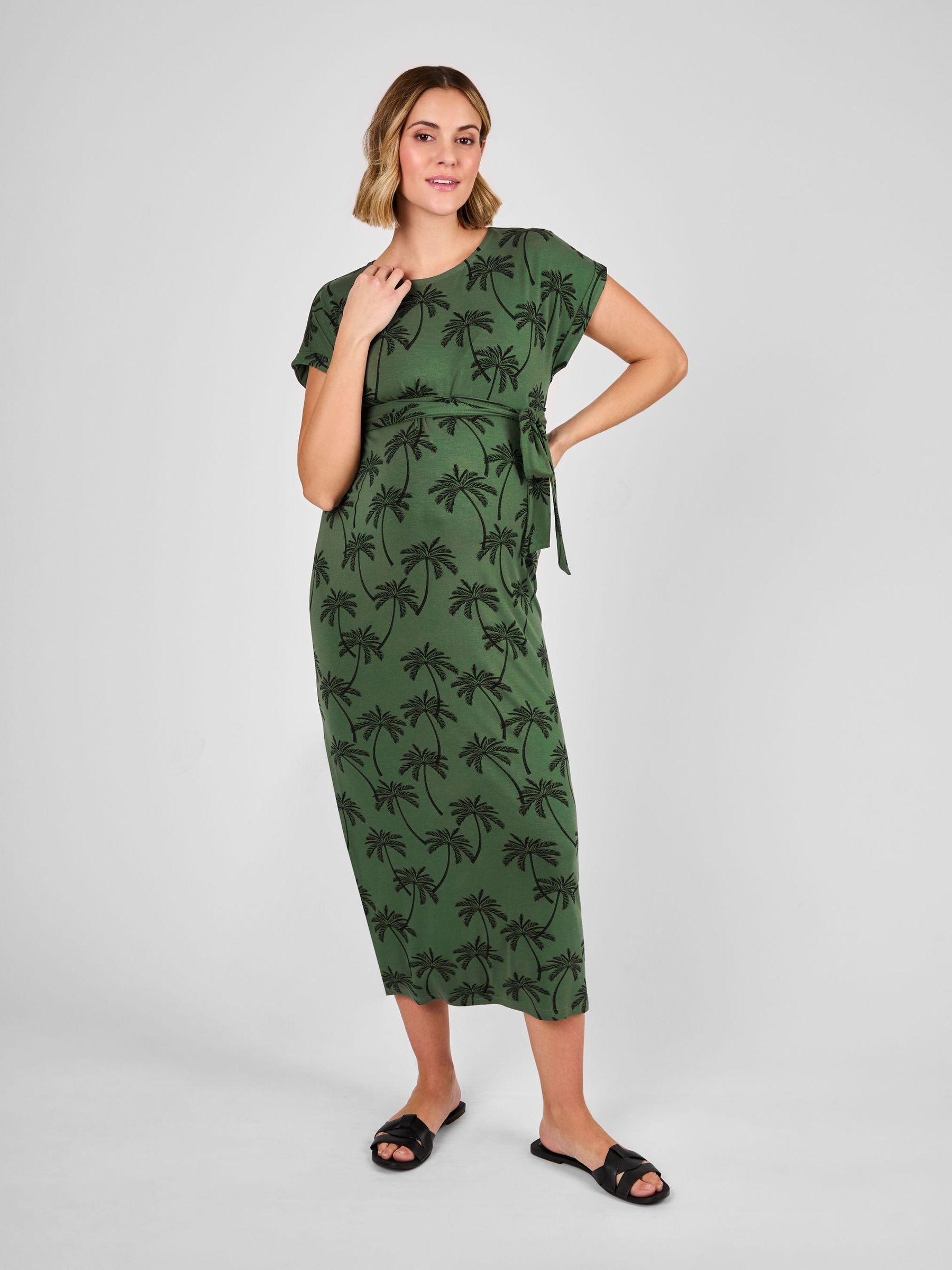 Green Palm Midi Maternity T-Shirt Dress - Image 1 of 4