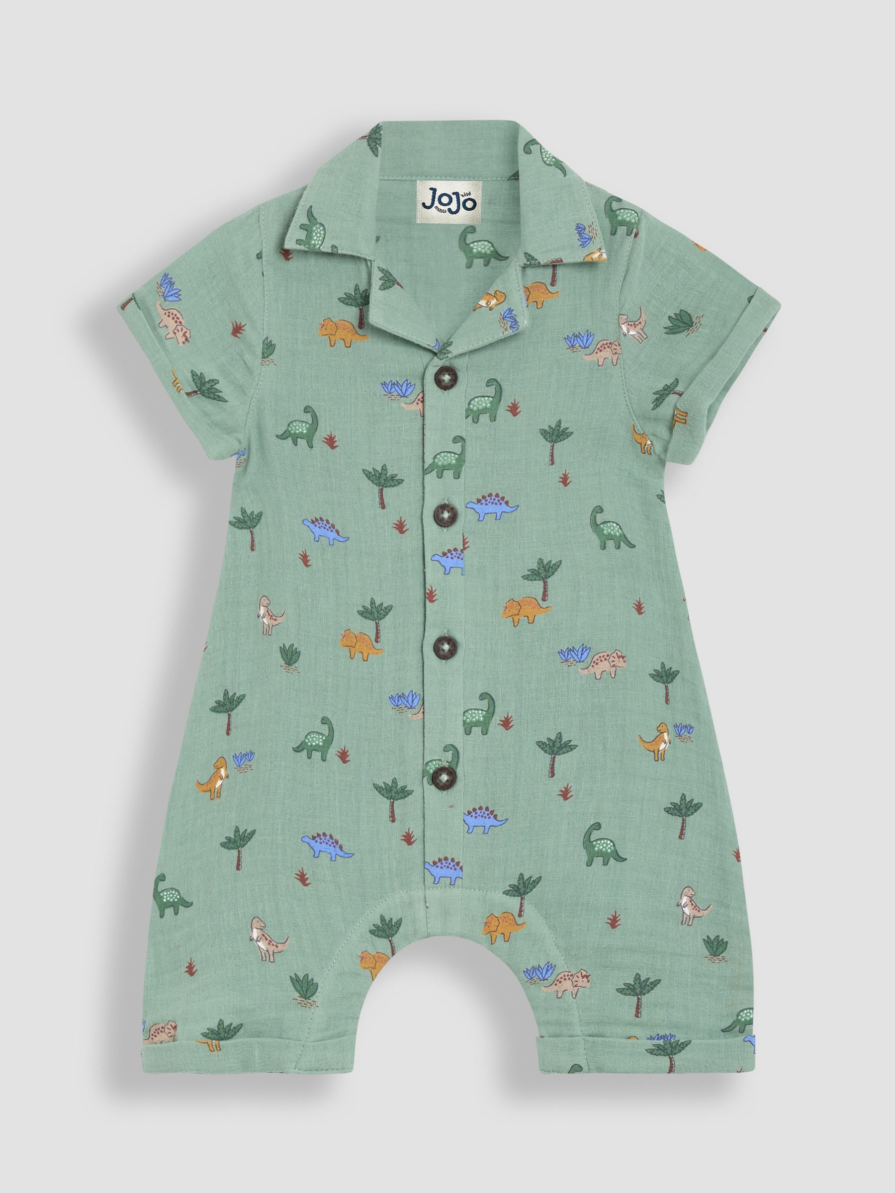 Khaki Green Dino Cheesecloth Button Front Romper - Image 1 of 3