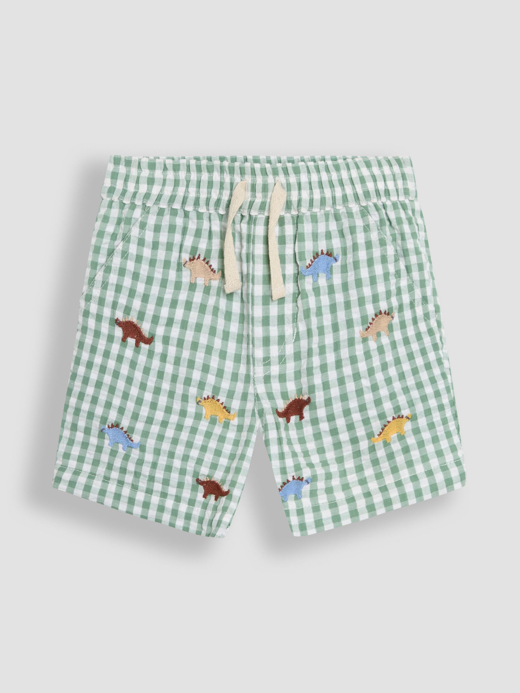 Sage Green Dino Embroidered Twill Gingham Shorts - Image 1 of 3