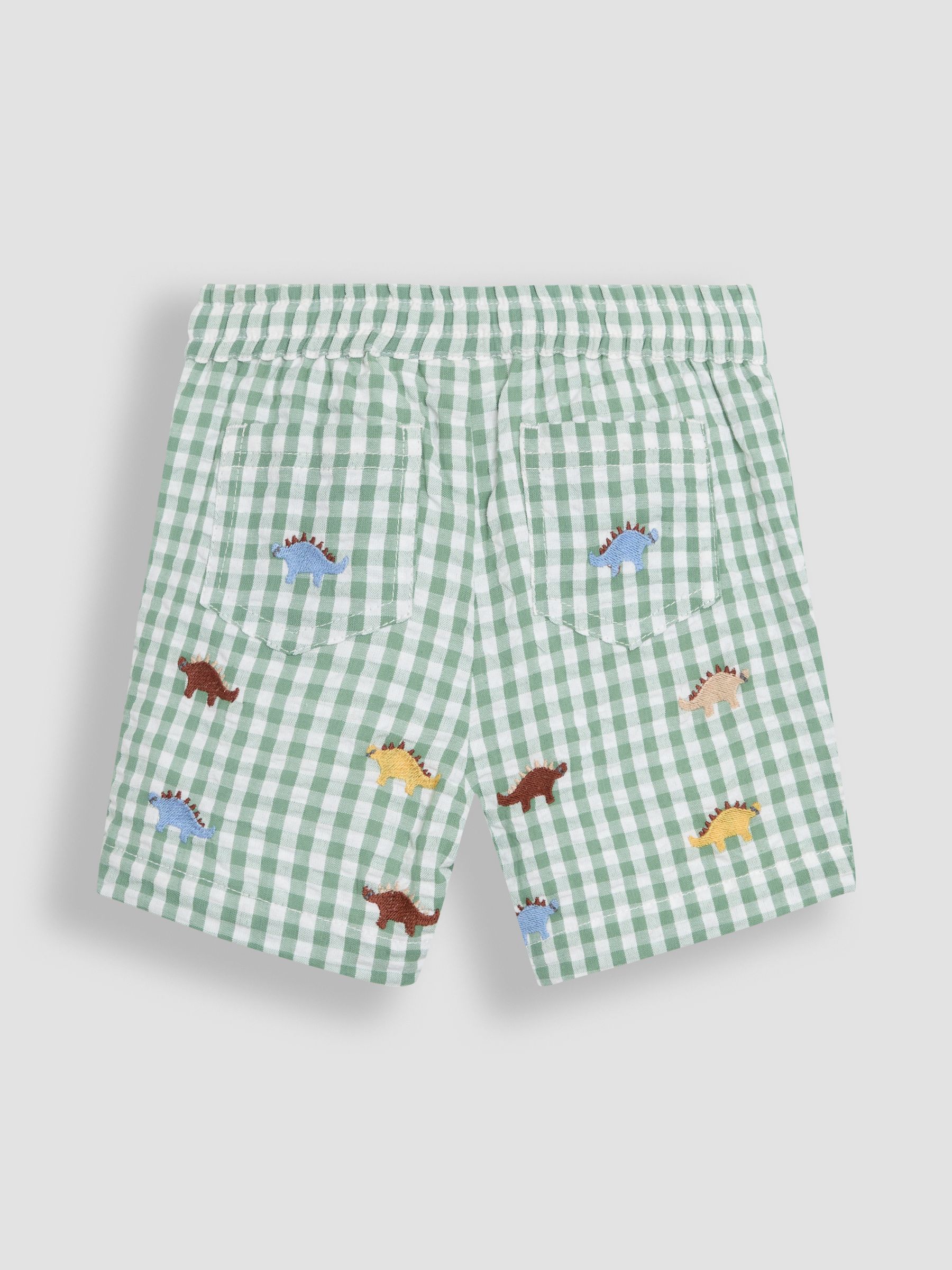Sage Green Dino Embroidered Twill Gingham Shorts - Image 2 of 3