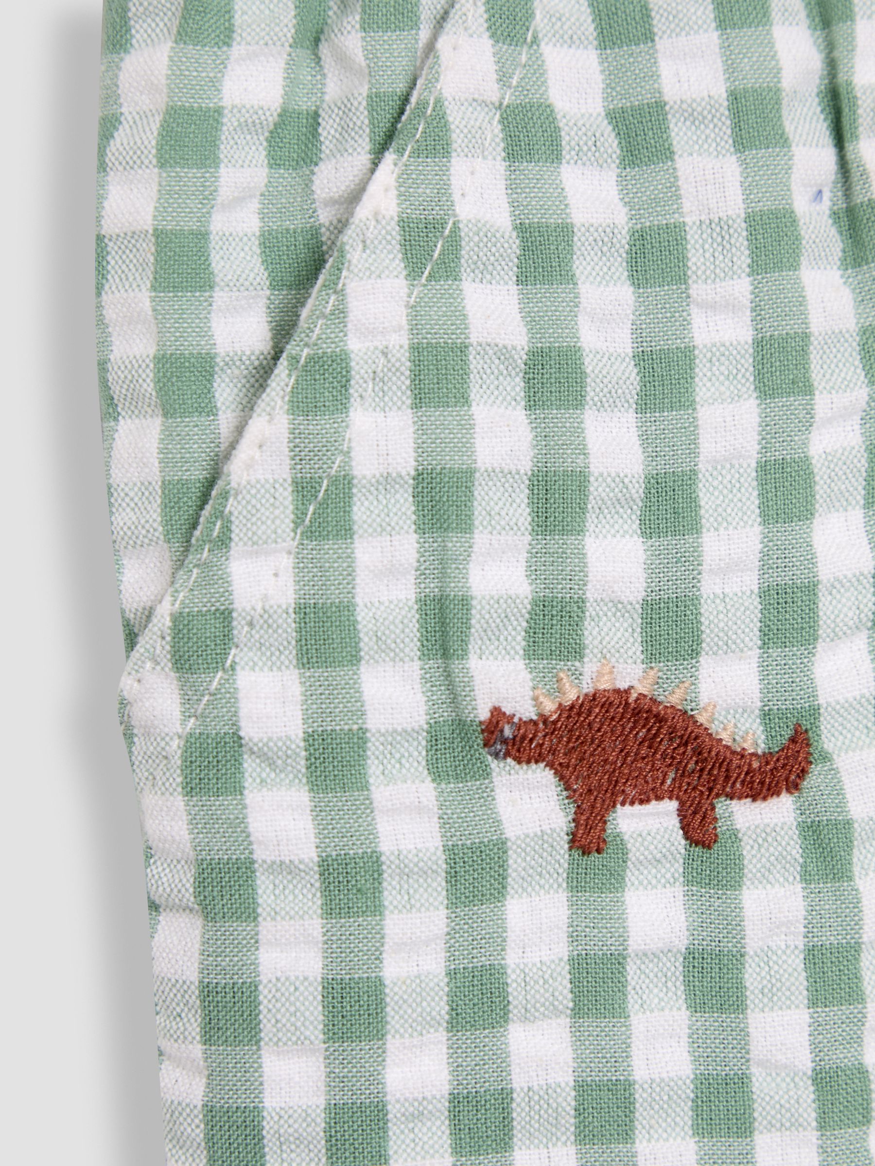 Sage Green Dino Embroidered Twill Gingham Shorts - Image 3 of 3