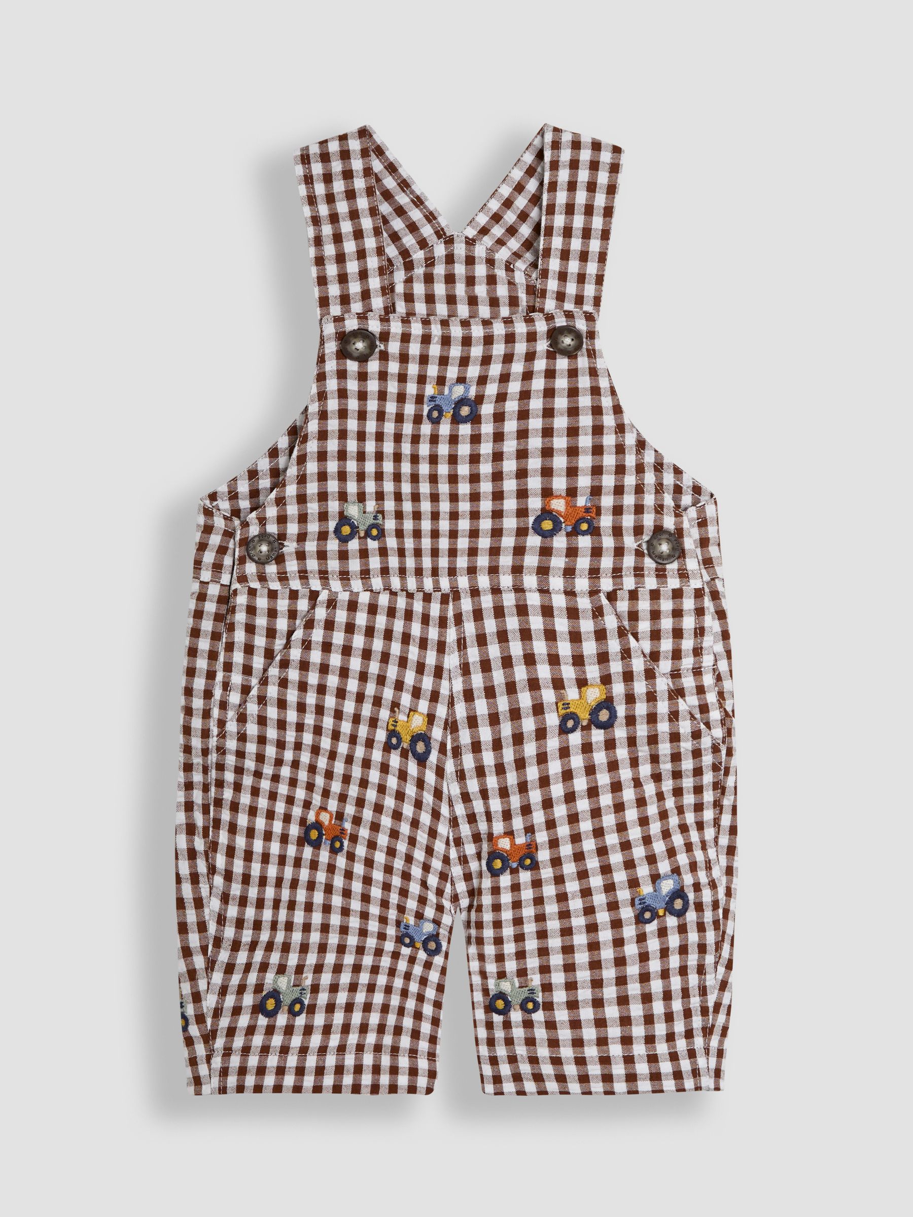Toffee Brown Tractor Embroidered Gingham Dungarees - Image 1 of 3