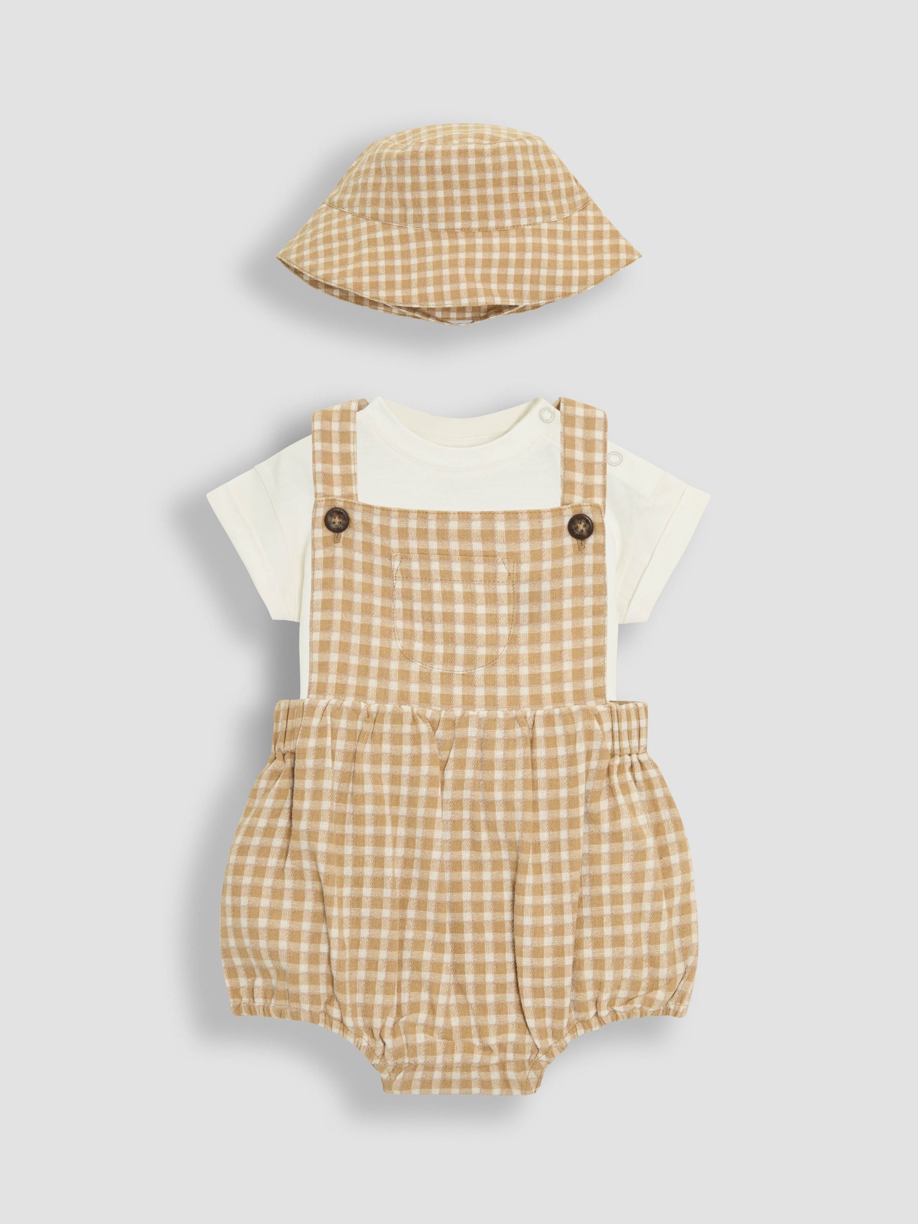 Brown Textured Gingham 100% Cotton Romper Set - Image 1 of 9