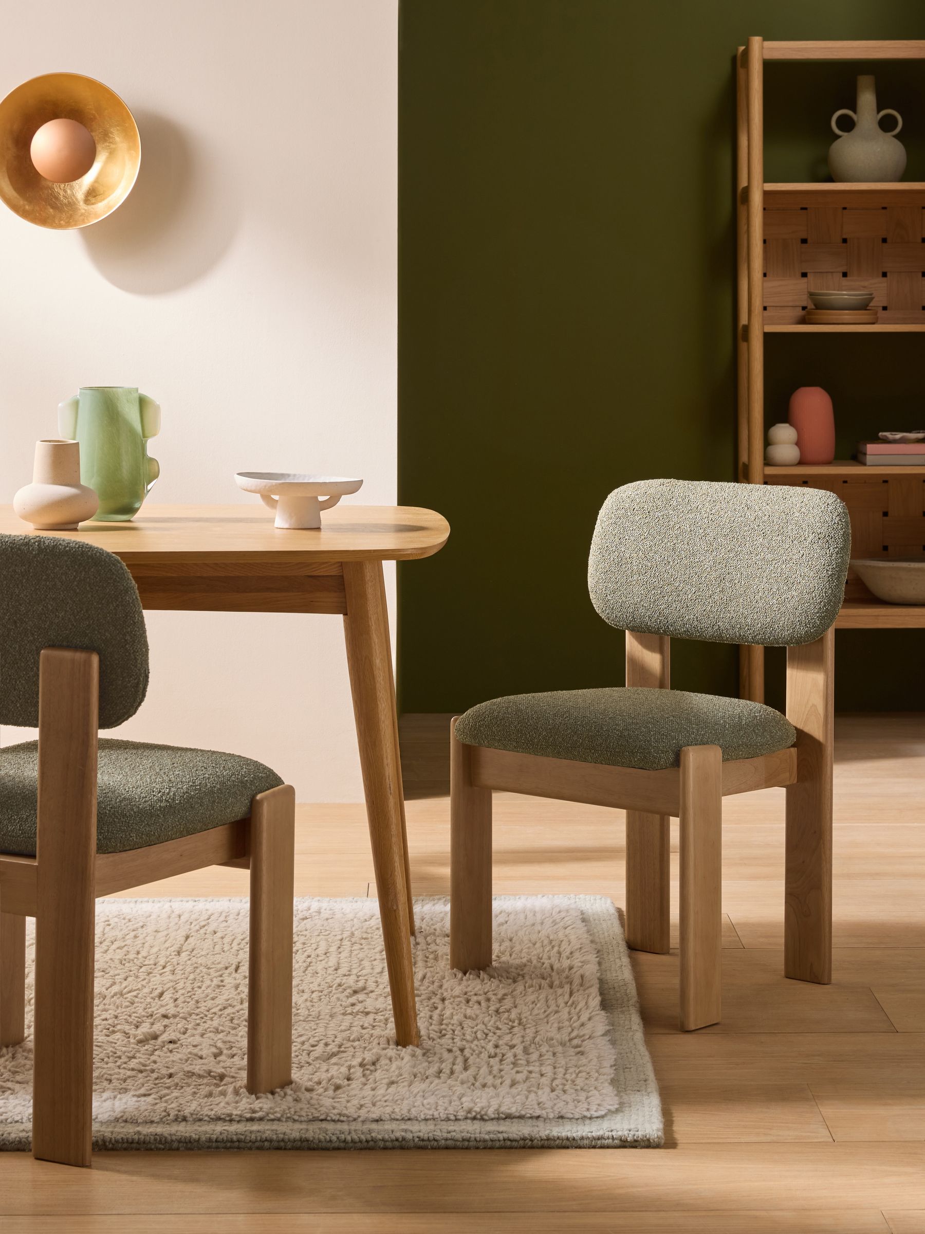 Set of 2 Colton Dark Stain Dining Chairs in Green Boucle - Image 1 of 5