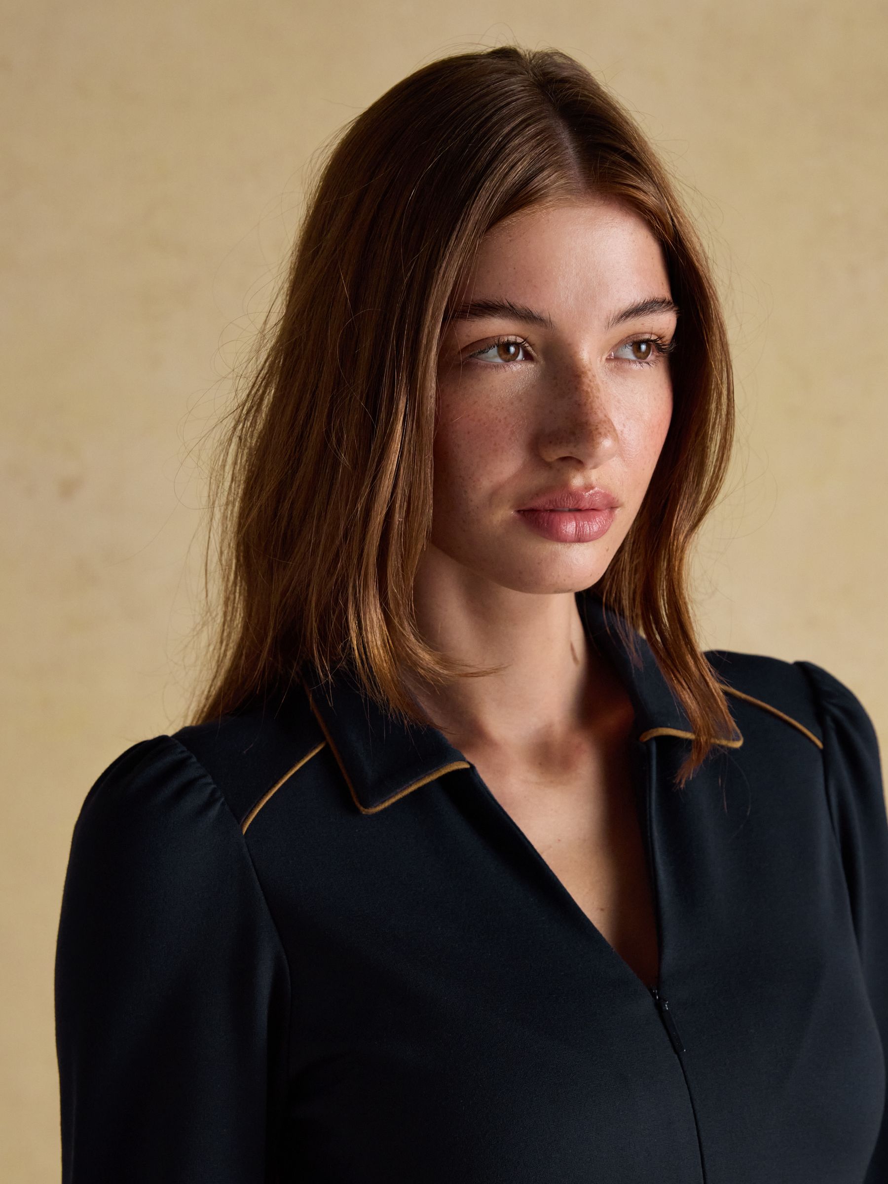 Philipa Navy Ponte Zip Front Long Sleeve Dress with Collar - Image 3 of 7