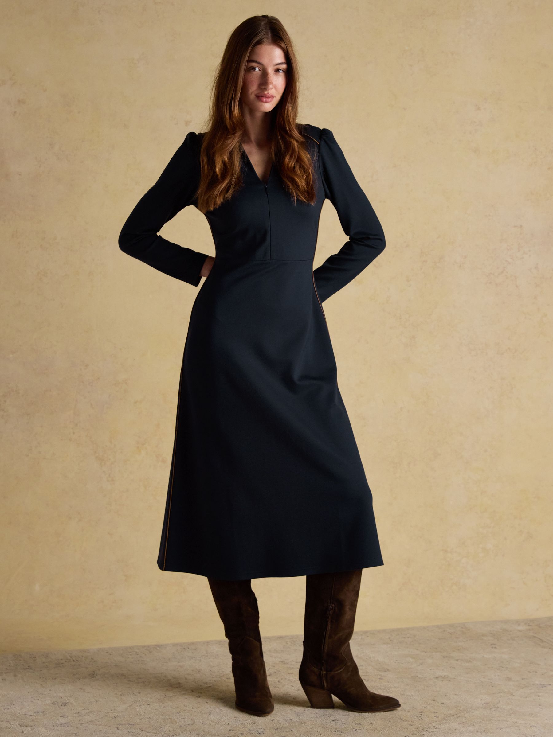 Philipa Navy Ponte Zip Front Long Sleeve Dress with Collar - Image 5 of 7