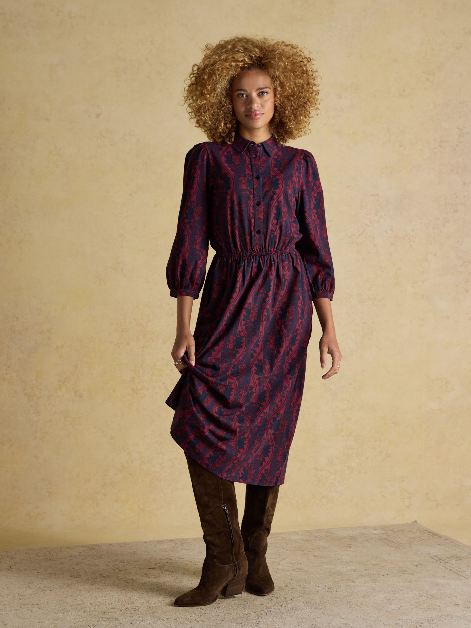 Hazel Burgundy Red Jersey Midi Long Sleeve Shirt Dress with Collar - Image 1 of 7 Hazel Burgundy Red Jersey Midi Long Sleeve Shirt Dress with Collar - Image 1 of 7