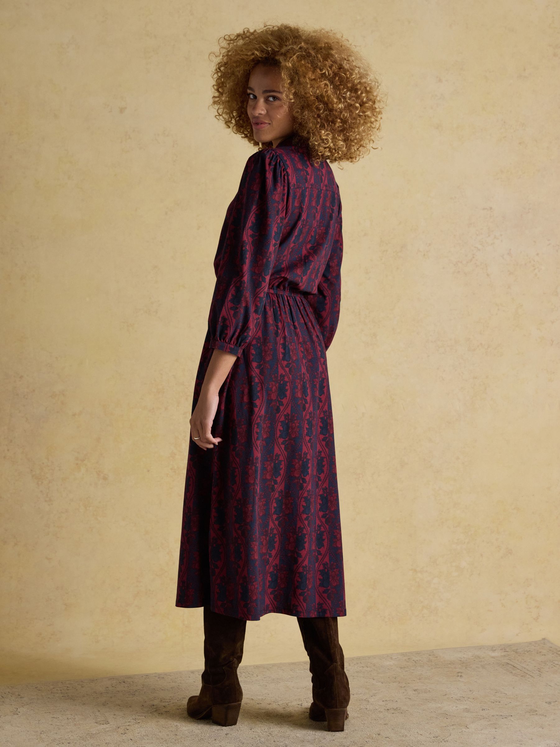 Hazel Burgundy Red Jersey Midi Long Sleeve Shirt Dress with Collar - Image 2 of 7