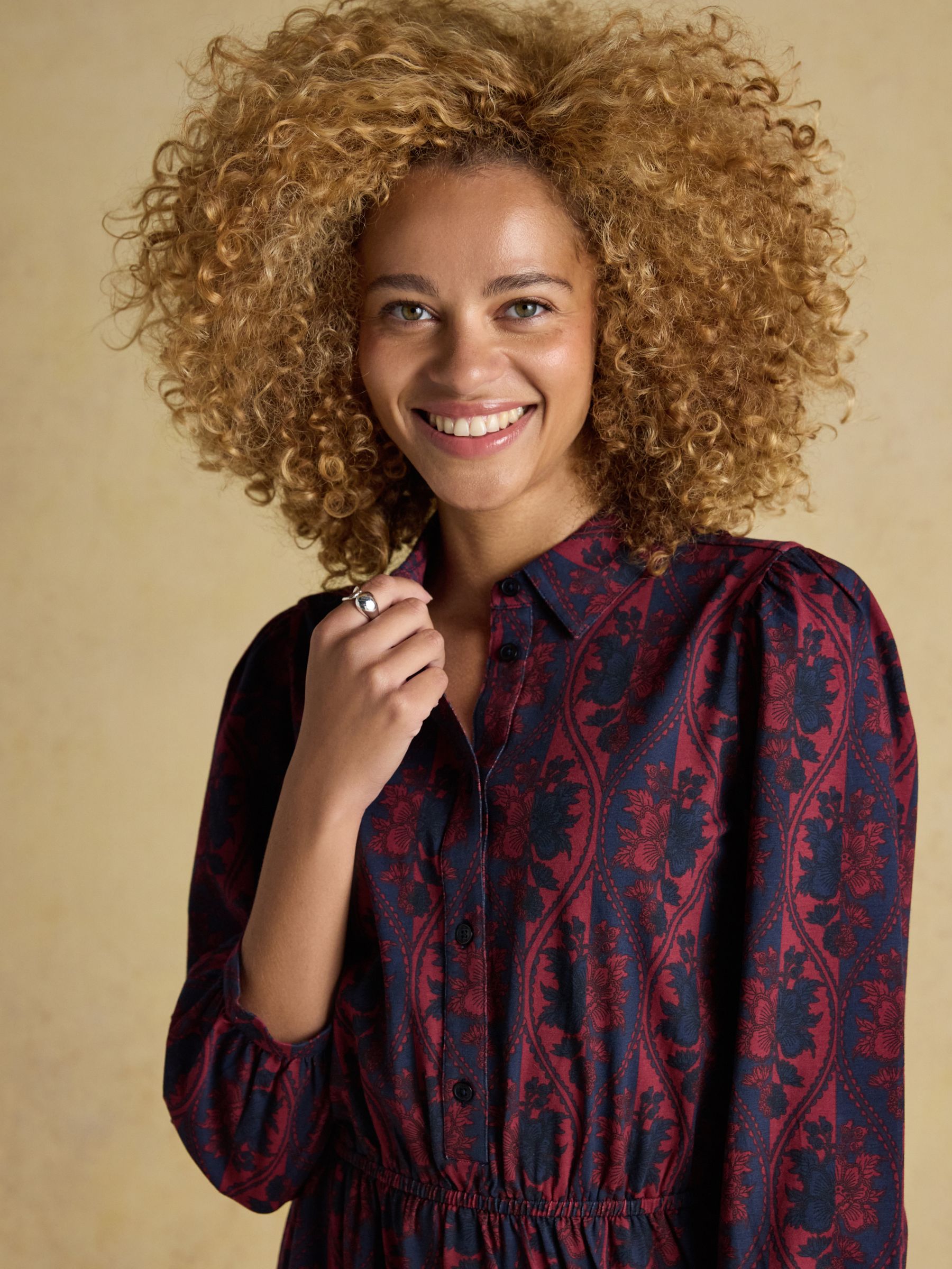 Hazel Burgundy Red Jersey Midi Long Sleeve Shirt Dress with Collar - Image 3 of 7