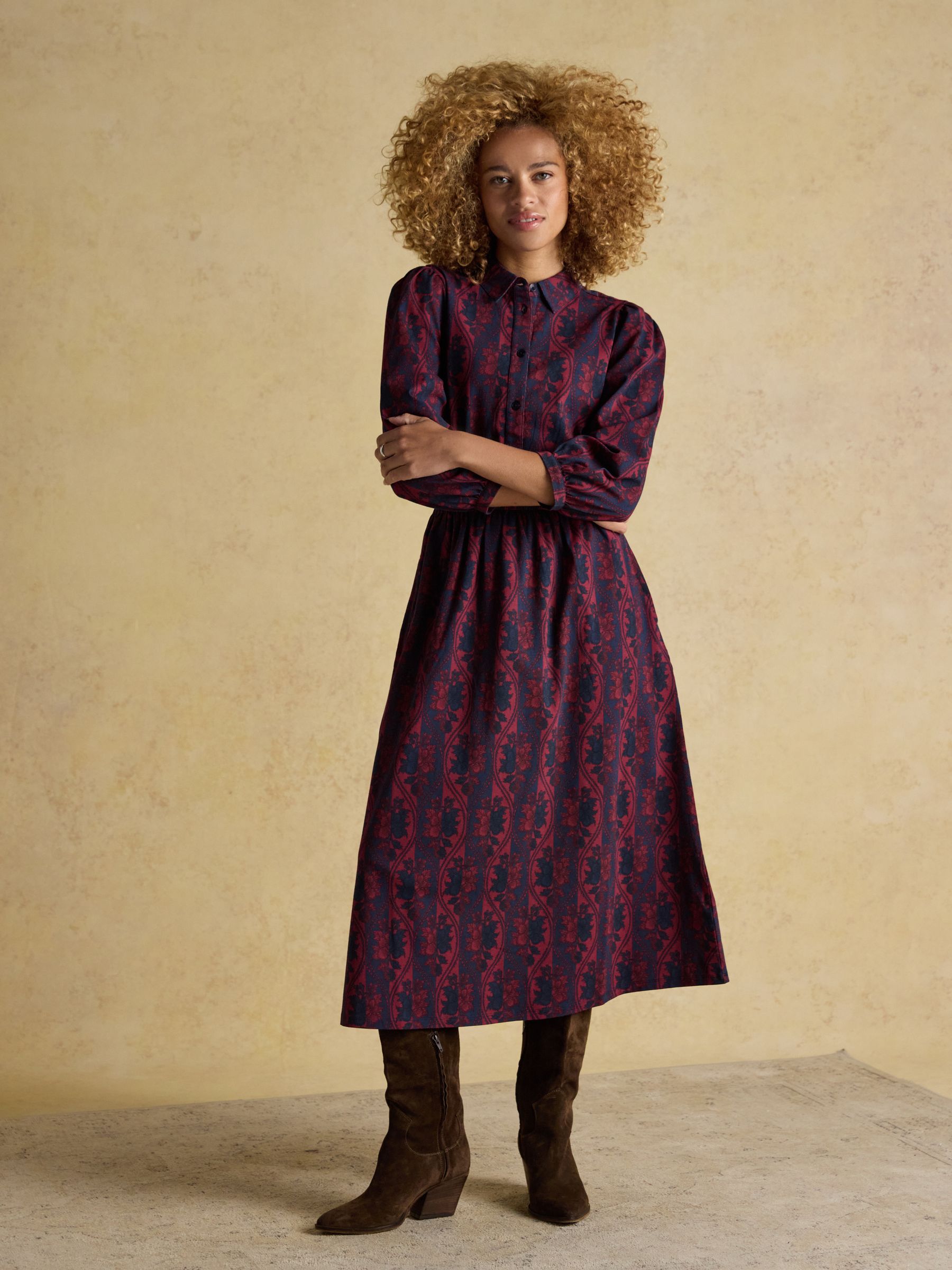 Hazel Burgundy Red Jersey Midi Long Sleeve Shirt Dress with Collar - Image 4 of 7