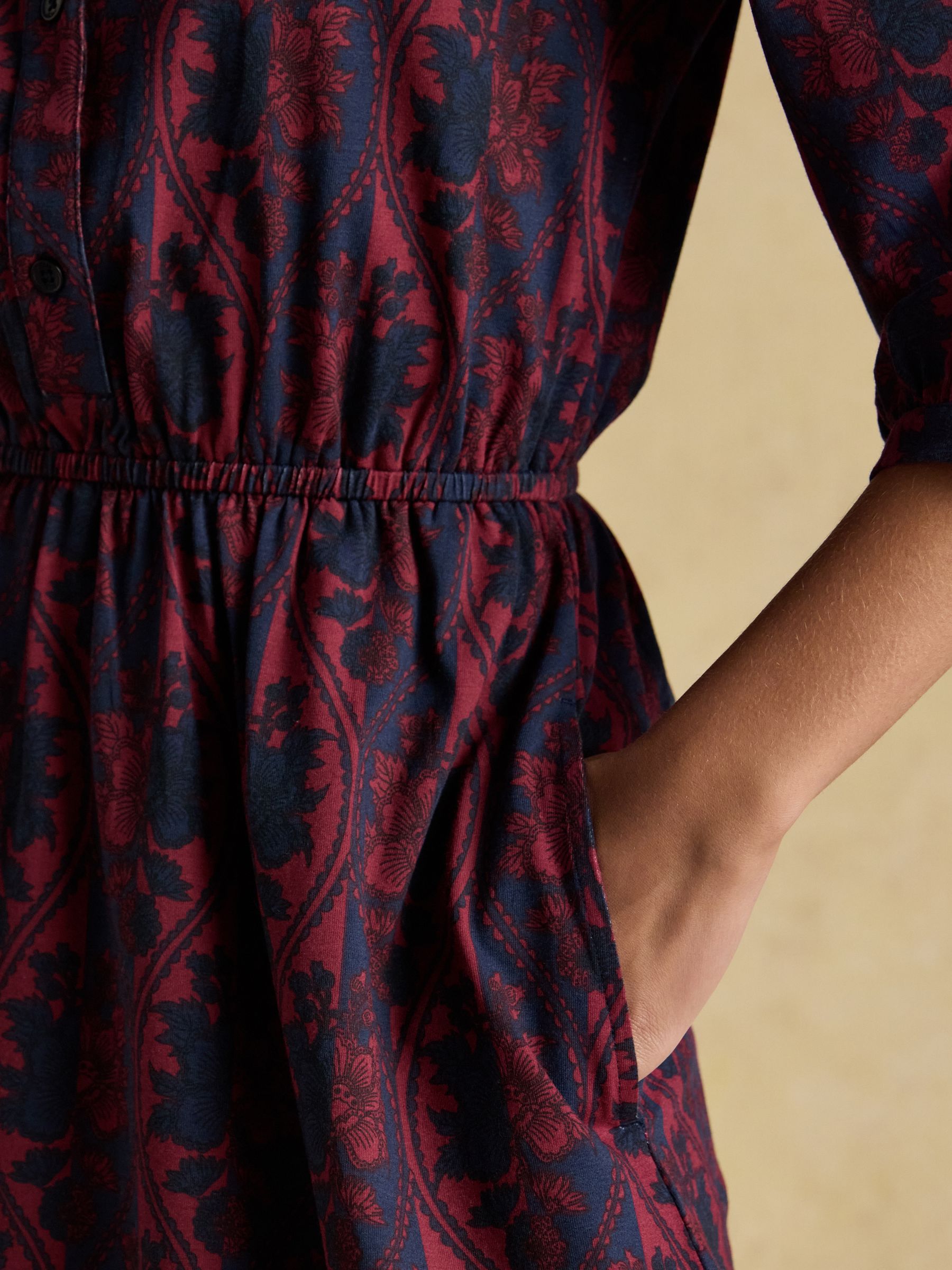 Hazel Burgundy Red Jersey Midi Long Sleeve Shirt Dress with Collar - Image 5 of 7