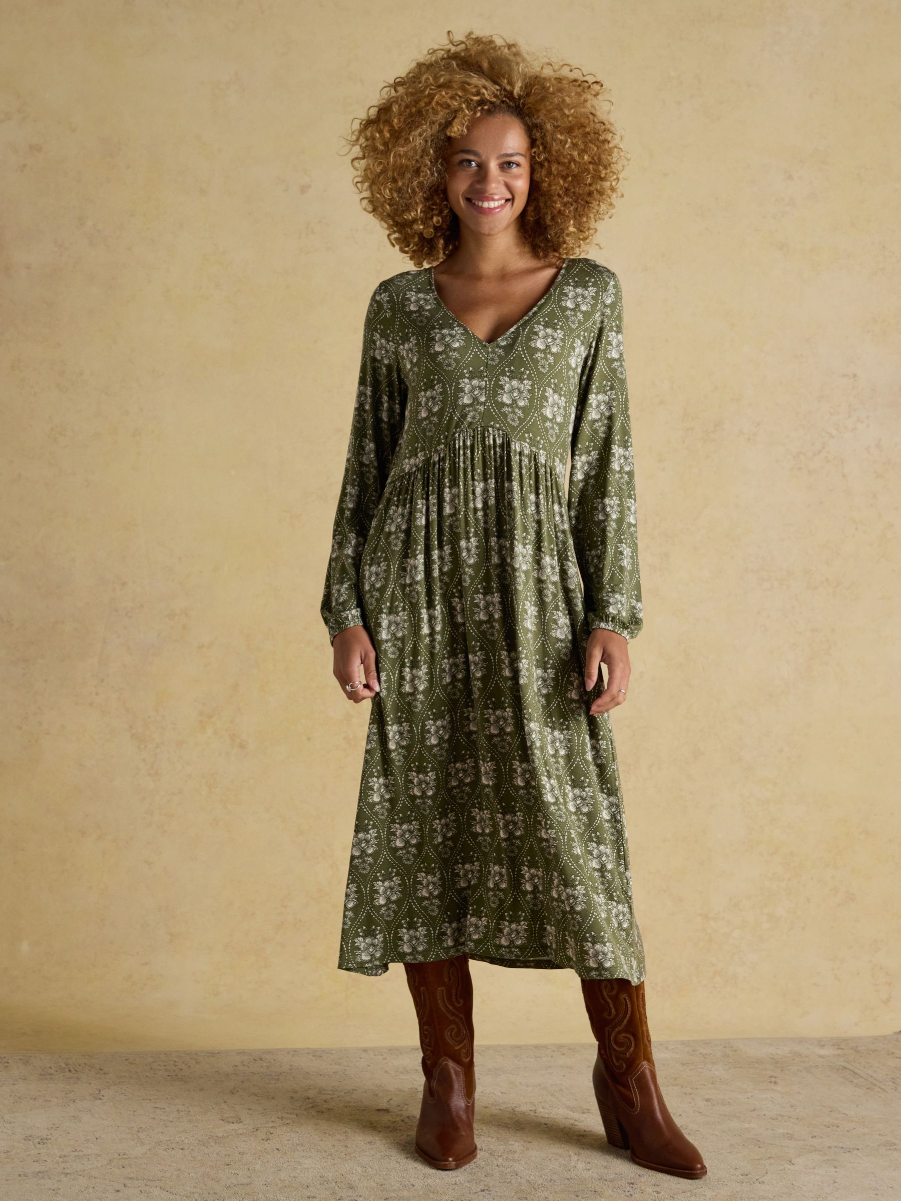 Nia Green Long Sleeve V-Neck Midaxi Dress - Image 1 of 7