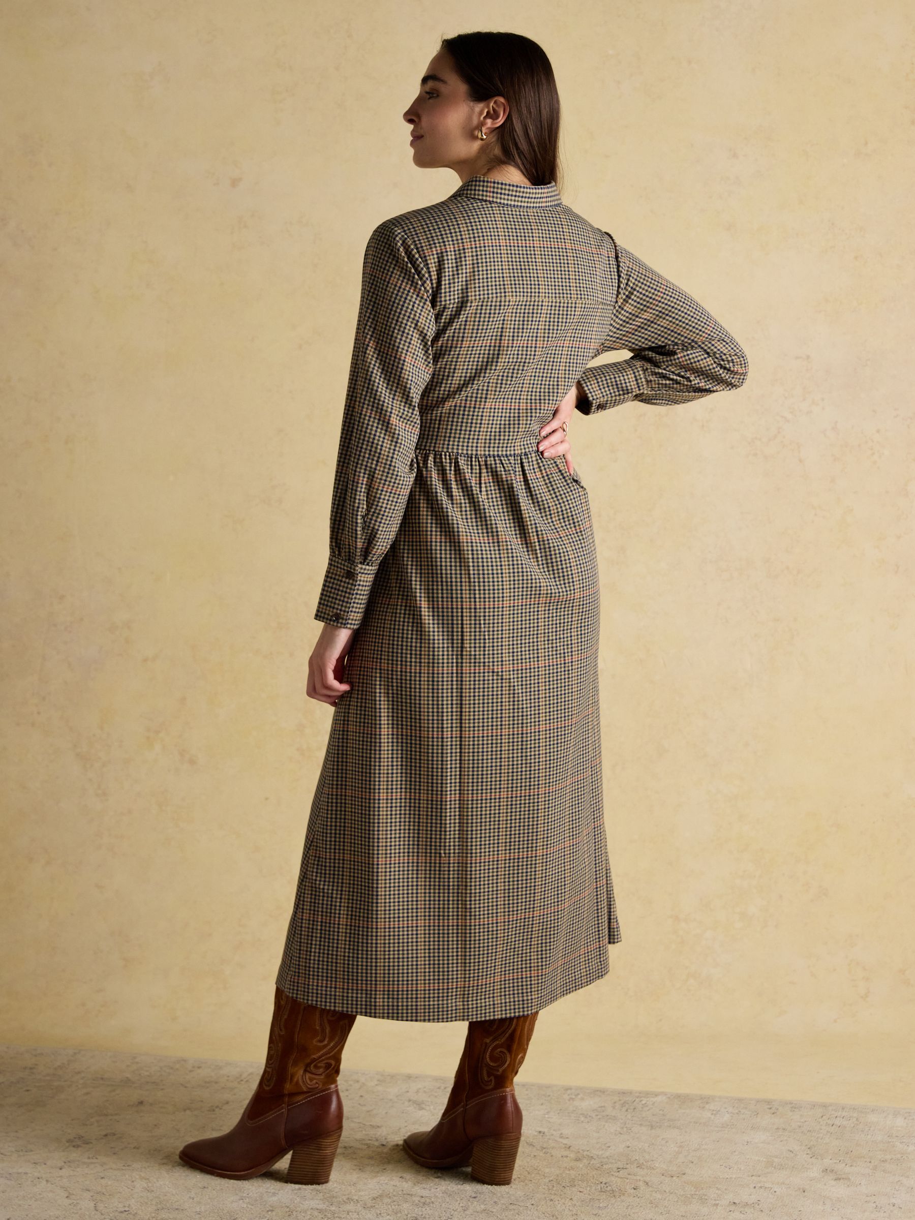 Clarice Brown Check Knot Waist Midi Dress with Button Fastening and Collar | Joules Clarice Brown Check Knot Waist Midi Dress with Button Fastening and Collar | Joules