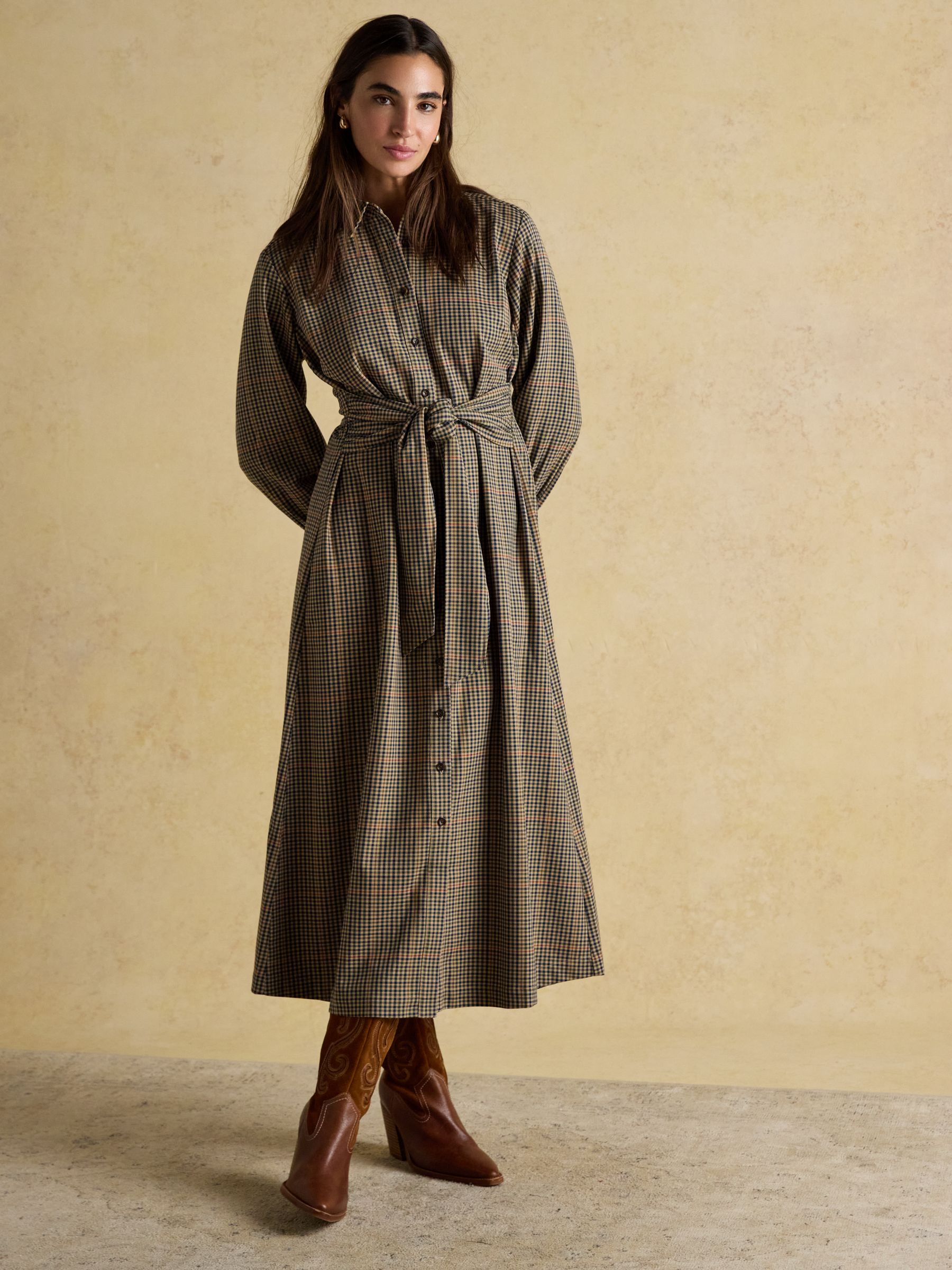 Clarice Brown Check Knot Waist Midi Dress with Button Fastening and Collar - Image 3 of 9