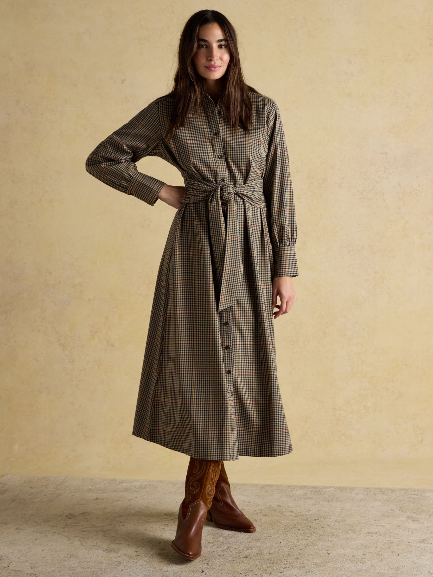 Clarice Brown Check Knot Waist Midi Dress with Button Fastening and Collar - Image 7 of 9