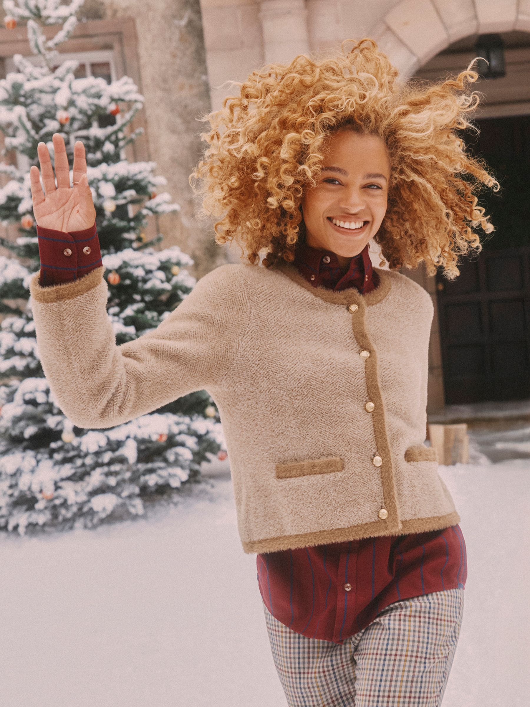 Super Soft Georgia Tan & Cream Herringbone Eyelash Knitted Cardigan - Image 1 of 10