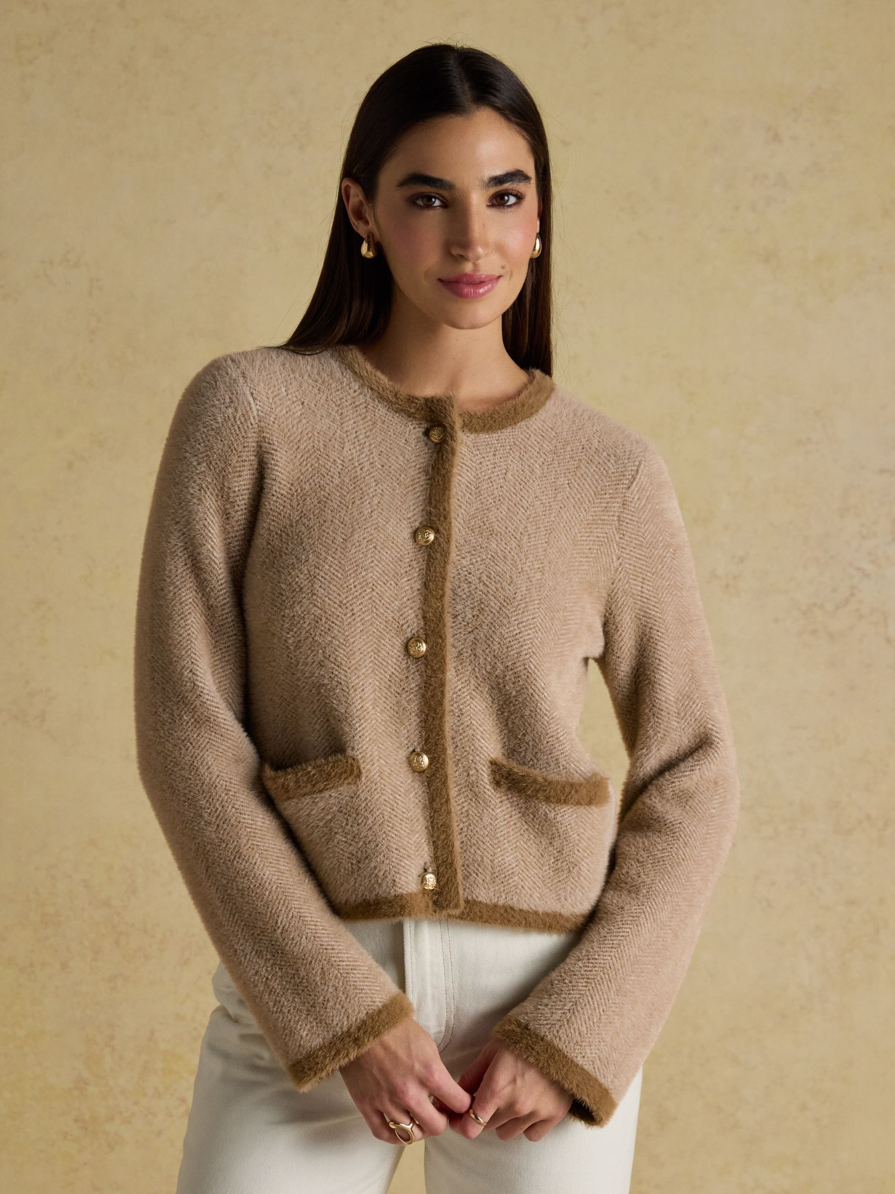 Super Soft Georgia Tan & Cream Herringbone Eyelash Knitted Cardigan - Image 3 of 10