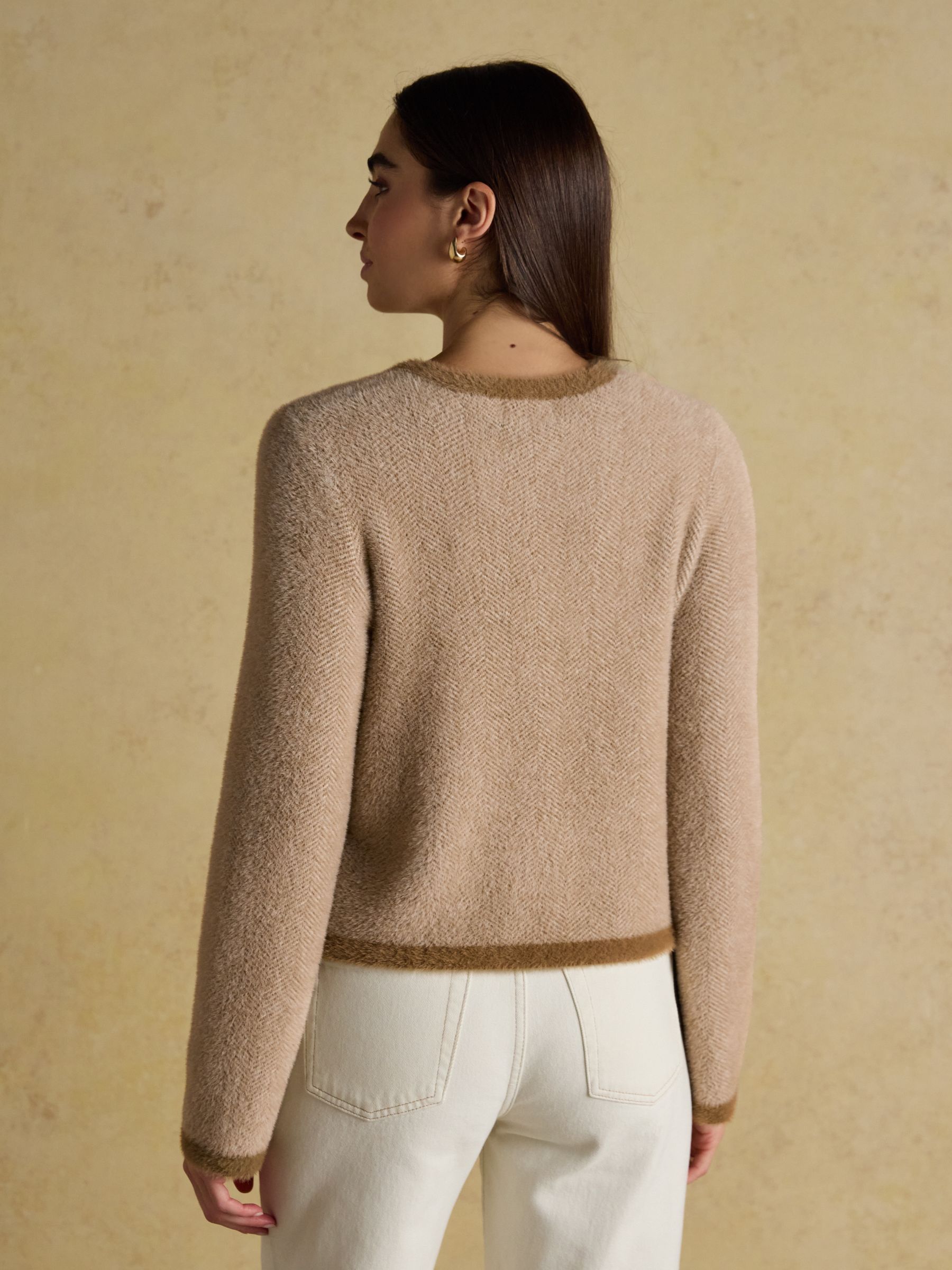 Super Soft Georgia Tan & Cream Herringbone Eyelash Knitted Cardigan - Image 4 of 10