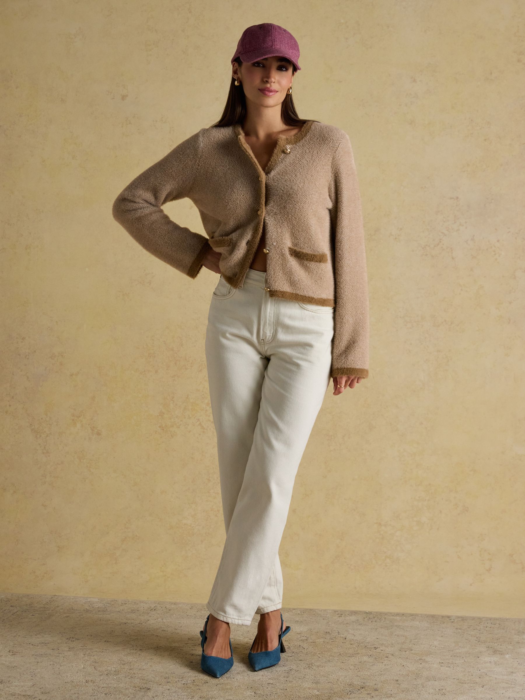 Super Soft Georgia Tan & Cream Herringbone Eyelash Knitted Cardigan - Image 5 of 10