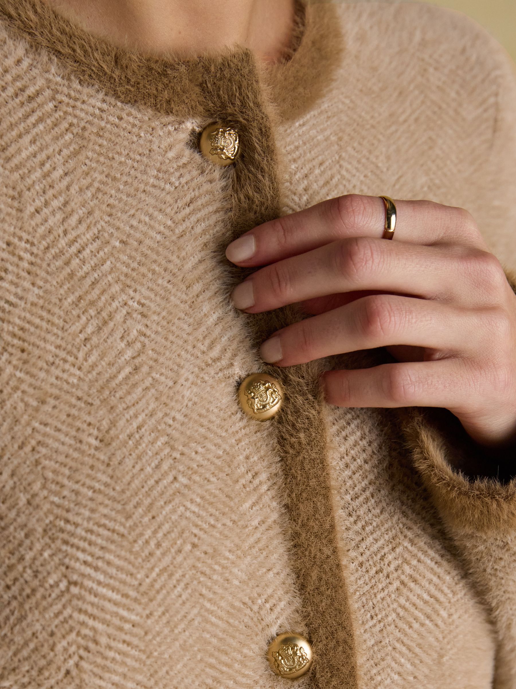 Super Soft Georgia Tan & Cream Herringbone Eyelash Knitted Cardigan - Image 6 of 10