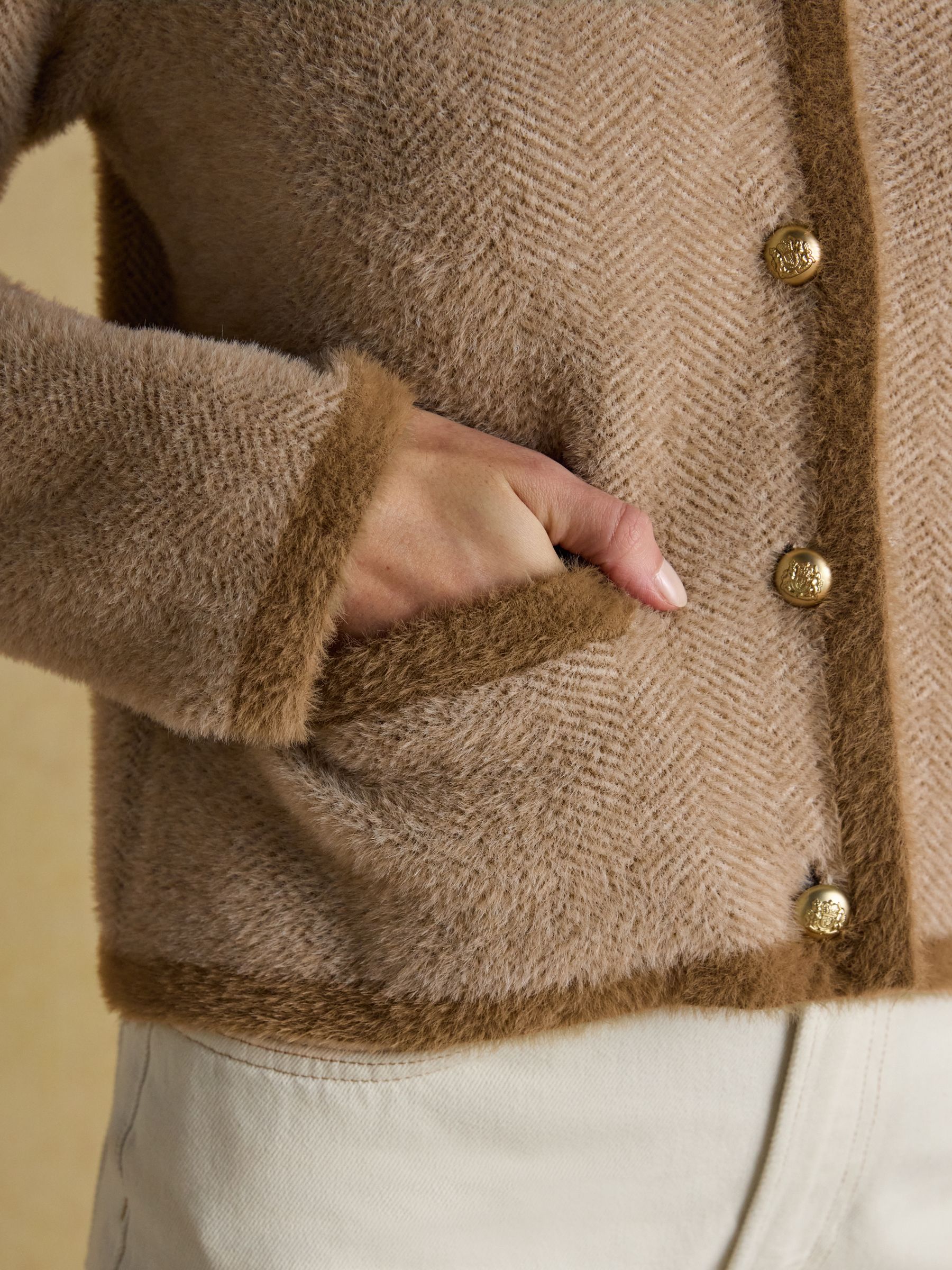 Super Soft Georgia Tan & Cream Herringbone Eyelash Knitted Cardigan - Image 8 of 10