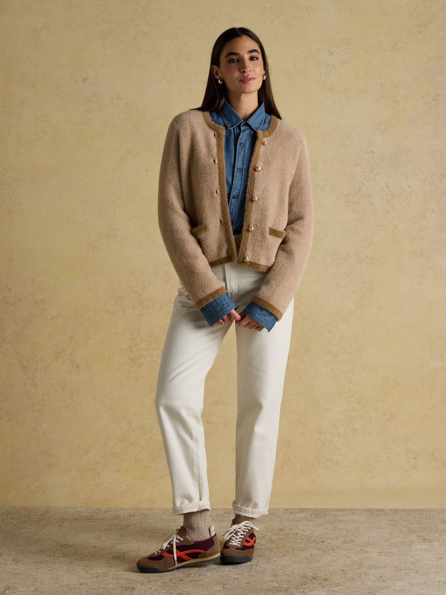 Super Soft Georgia Tan & Cream Herringbone Eyelash Knitted Cardigan - Image 9 of 10