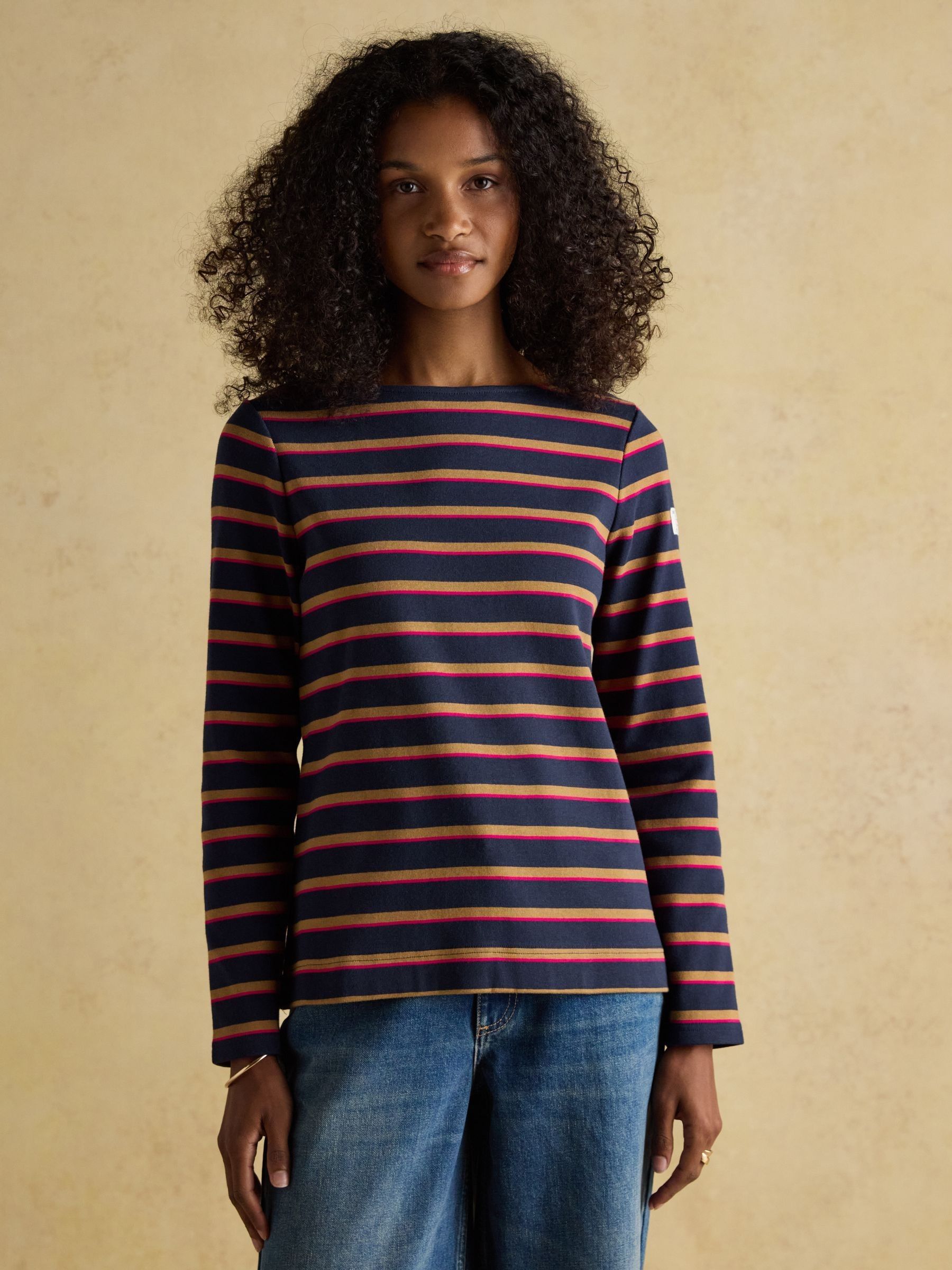 Harbour Tan/Navy Boat Neck Long Sleeve Breton Stripe Top - Image 1 of 7