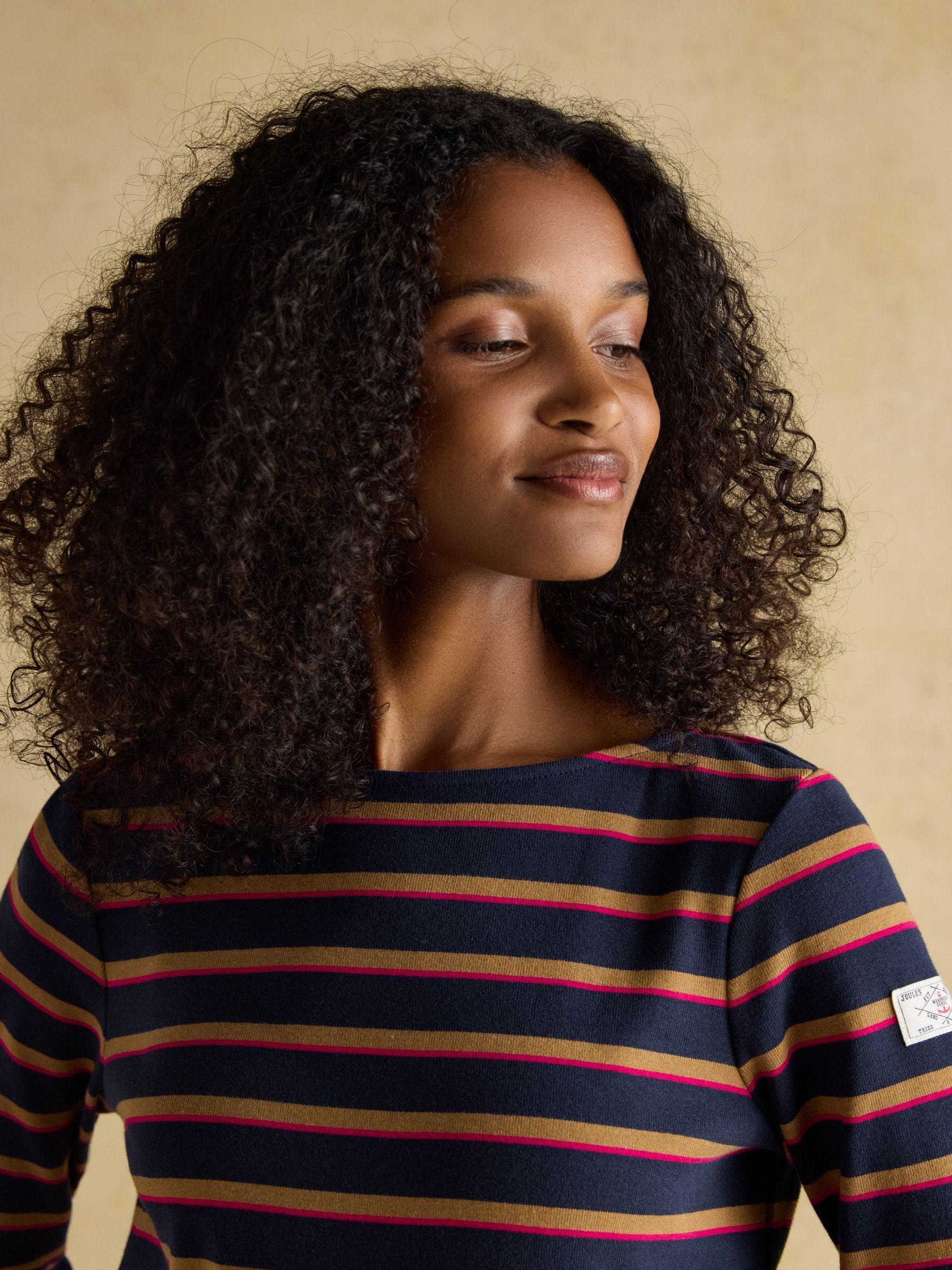 Harbour Tan/Navy Boat Neck Long Sleeve Breton Stripe Top - Image 3 of 7