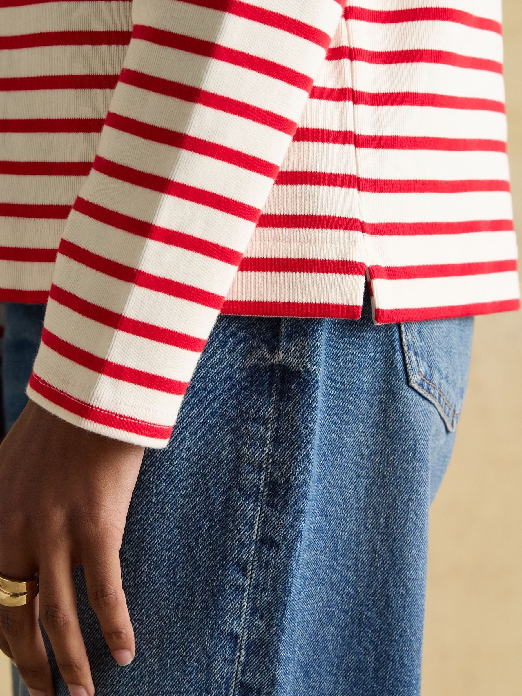 Harbour Cream/Red Boat Neck Long Sleeve Breton Stripe Top - Image 6 of 8